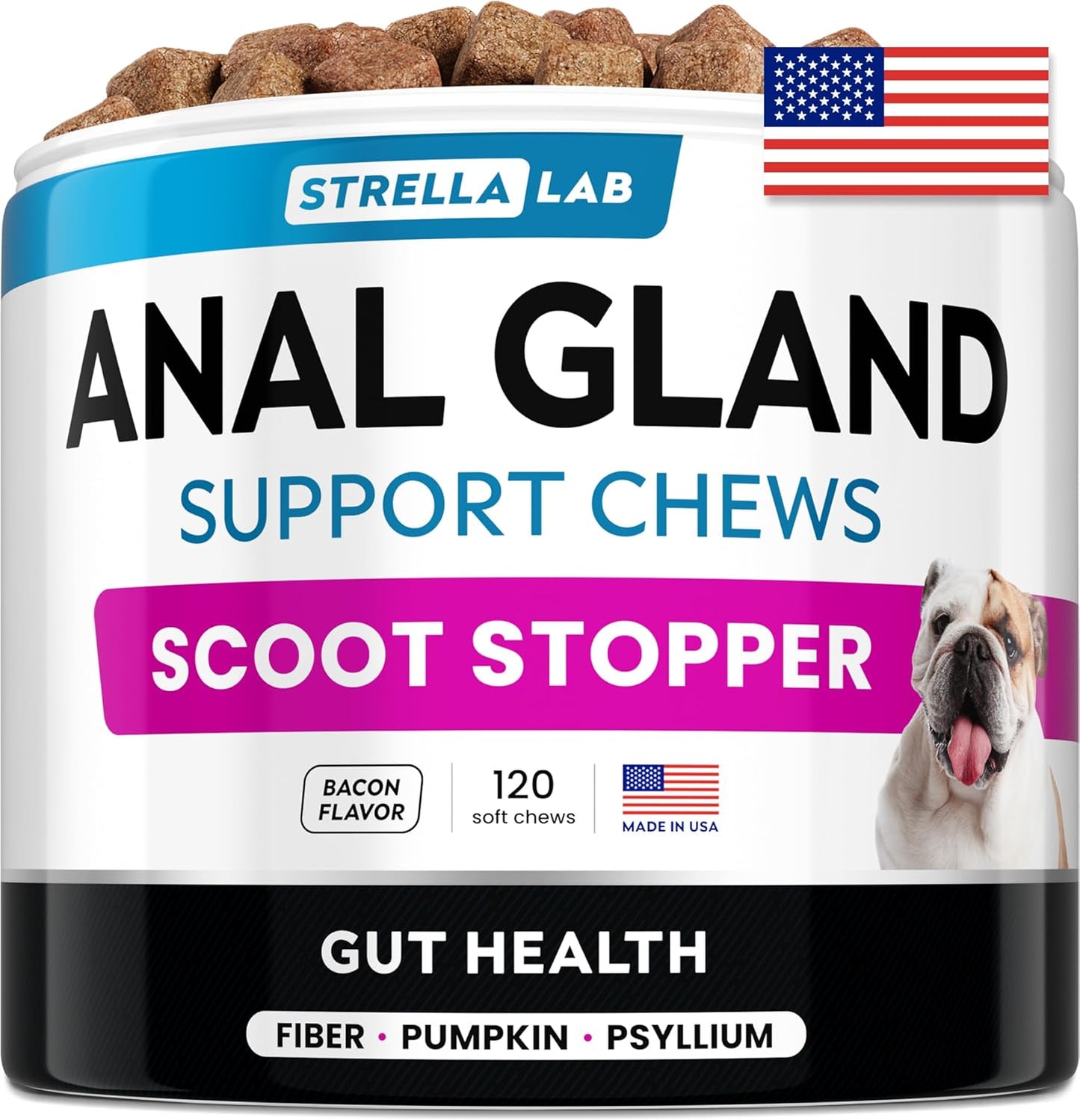 STRELLALAB Anal Gland Support Chews - Scoot Treatment - Digestive Enzymes, Prebiotics & Fiber Supplement for Dogs Digestion & Gut Health. Proprietary Blend of Beet, Psyllium, Dandelion & Pumpkin 120Ct