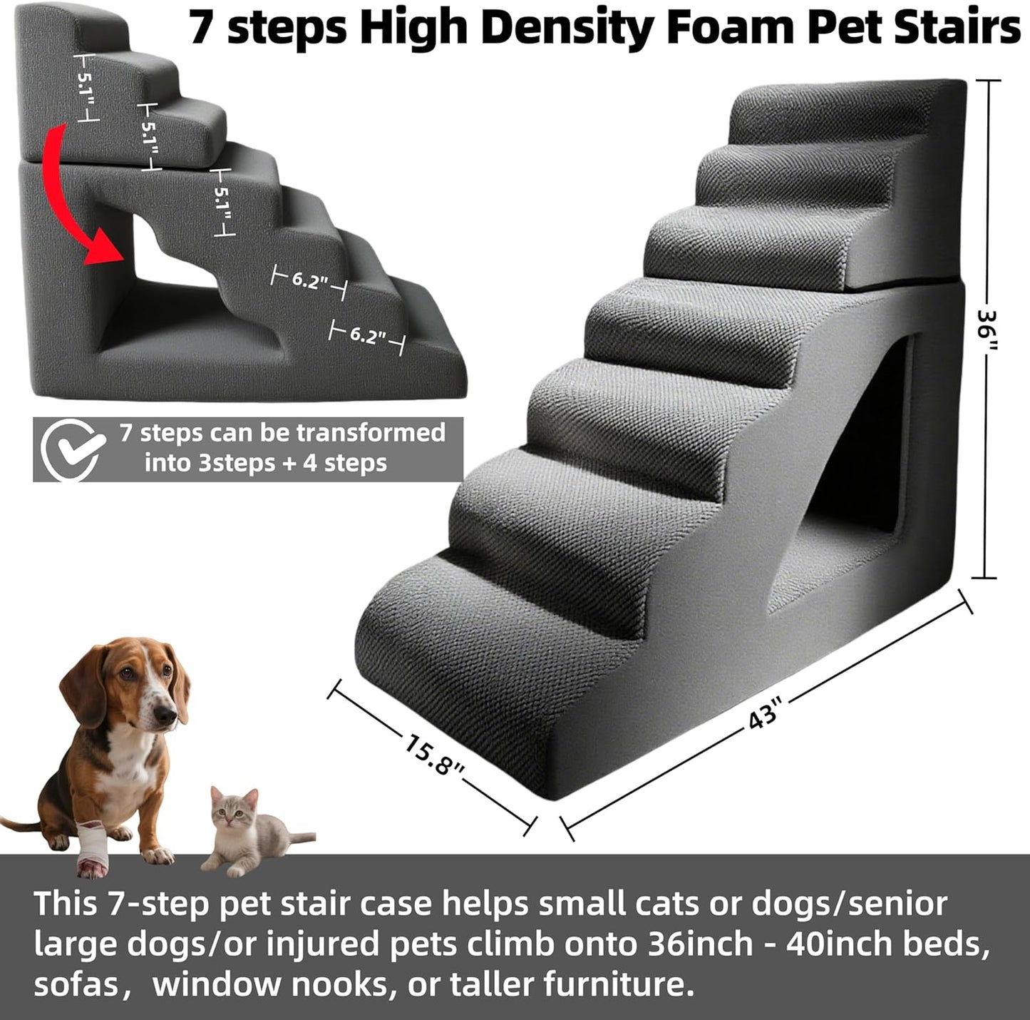 7 Step Pet Stairs Ramp for High Beds Sofas 22-42 Inch, Non-Slip Dog Stairs for Small Old Medium Large XL Dogs Cats, Sturdy 75 Pounds 33D Foam Balanced 6-Tier Ladder with Machine Washable Cover