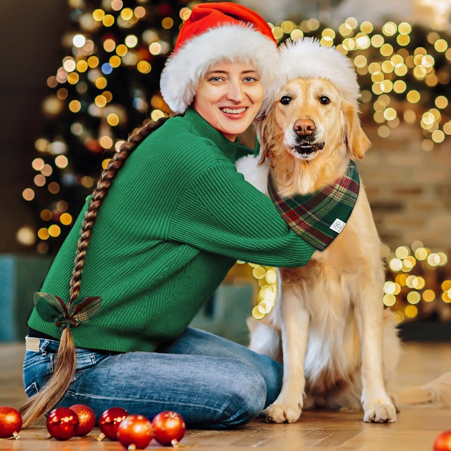 E-Clover Dog Bandana & Matching Scrunchie - Green Red Plaid Pet Scarf, Cute Costumes Accessories for Small Medium Large Dogs