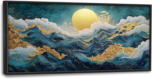 Framed Large Sun Mountain Wall Art, Oversized Teal and Golden Sun Wall Decor for Living Room, Abstract Landscape Canvas Painting Modern Artwork Home Decoration for Living Room Bedroom 60"x30"