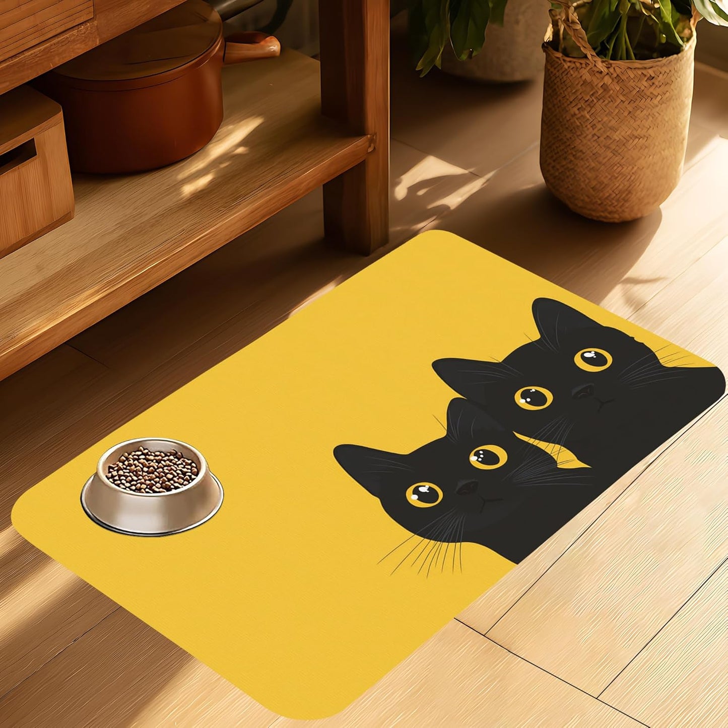 Cute Black Cat Peeking Dog Cat Food Mat-Absorbent Placemat for Food and Water Bowl, Waterproof Non Slip Rubber Backing Dog Food Mats for Floors, Pet Supplies 16 * 24 inch