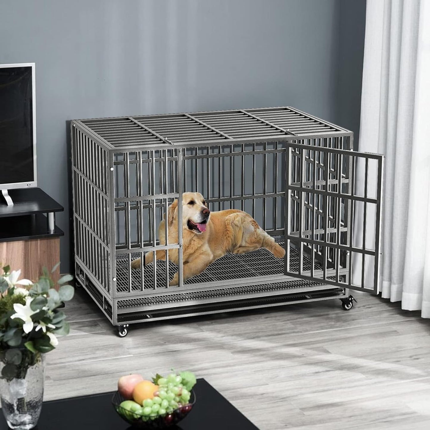 LEMBERI 42 inch Heavy Duty Indestructible Dog Crate, Escape Proof Dog Cage Kennel with Lockable Wheels,High Anxiety Double Door Dog Crate,Extra Large Crate Indoor for Large Dog with Removable Tray