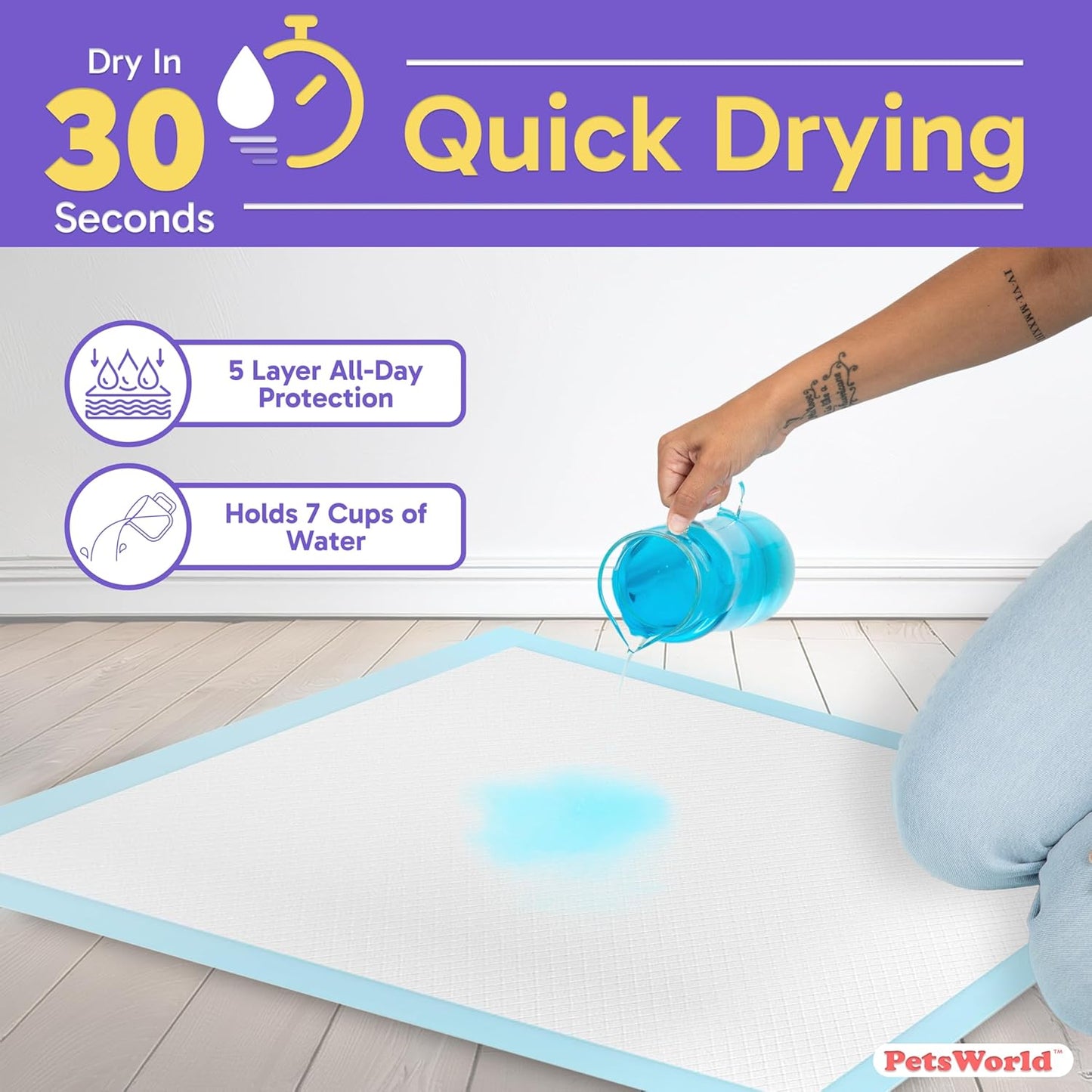 PETSWORLD Giant Dog Potty Pads, Odor-Eliminating, 36" x 36", Ultra Absorbent 5-Layer Leak-Proof Training Pads for Dogs & Cats (36x36, 50 Count)