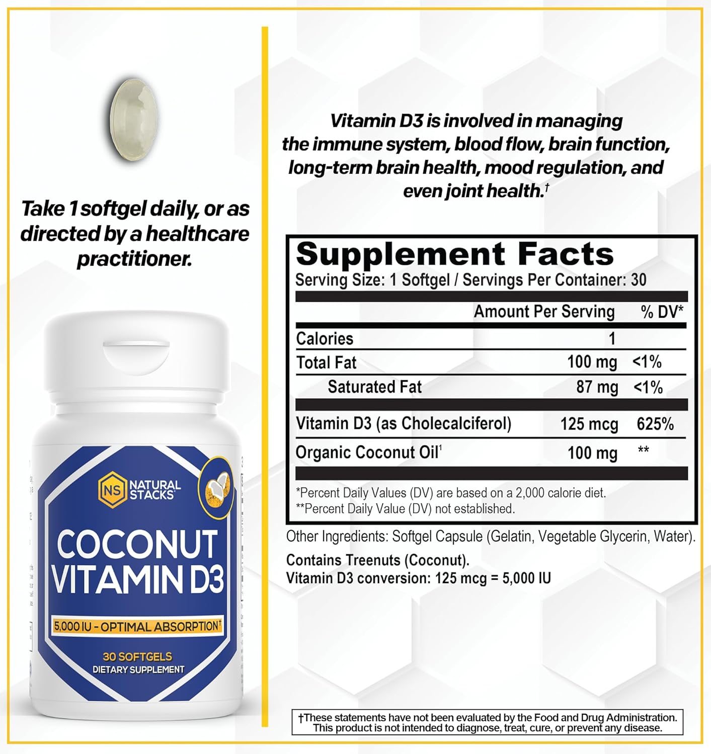NATURAL STACKS Vitamin D 5000 IU Supplement - with Coconut Oil for Optimal Absorption - Vitamin D Pills for Immunity & Cell Growth - D3 125mcg Cholecalciferol Supplement - 30 D3 Servings