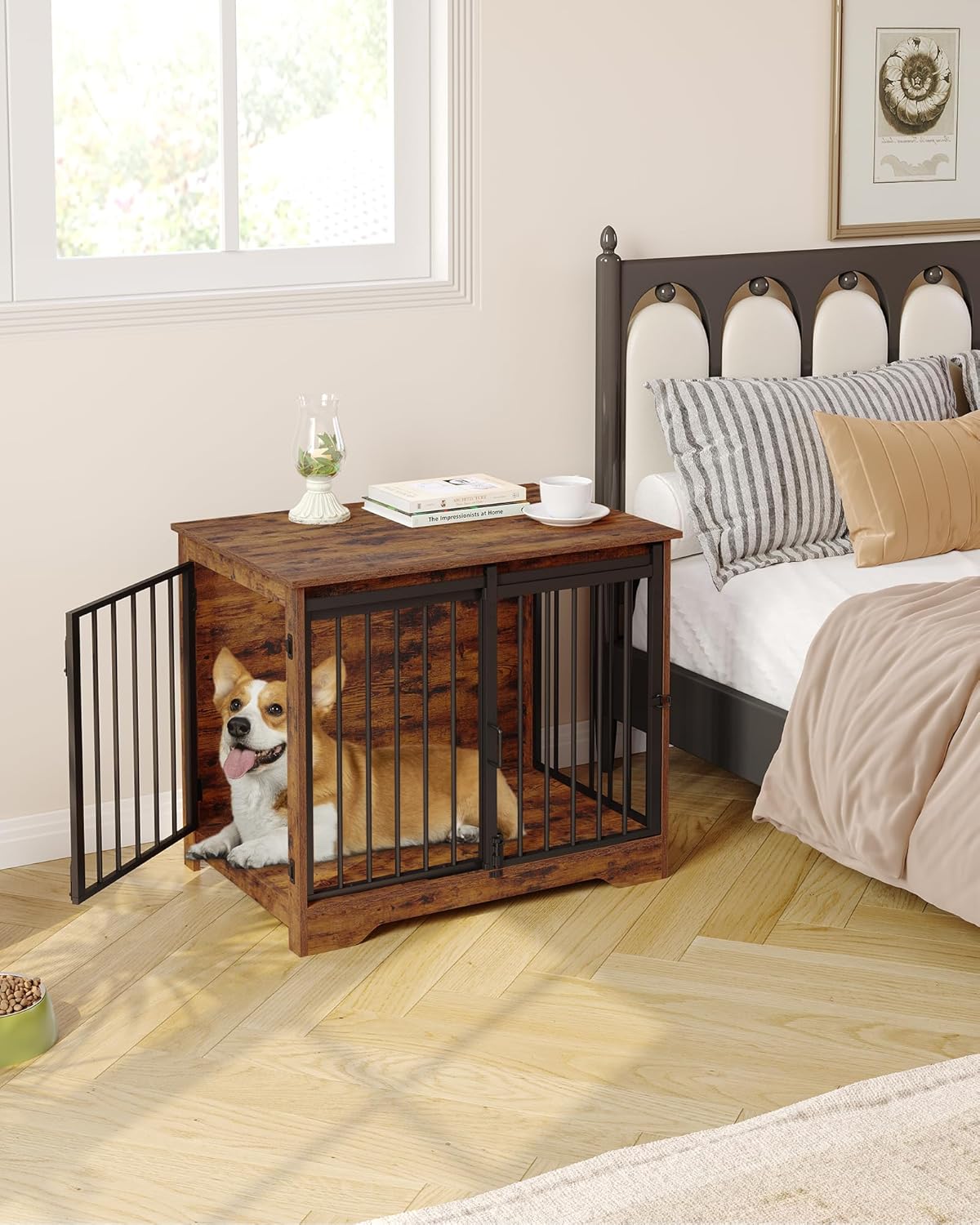 31.9" Dog Crate Furniture with Barn Door, Heavy Duty Dog Kennel Indoor with 2 Doors, Wooden Pet Cage End Table for Small Medium Dogs up to 44 lb, Anti-Chew Anti-Escape, Rustic Brown DFC83601B