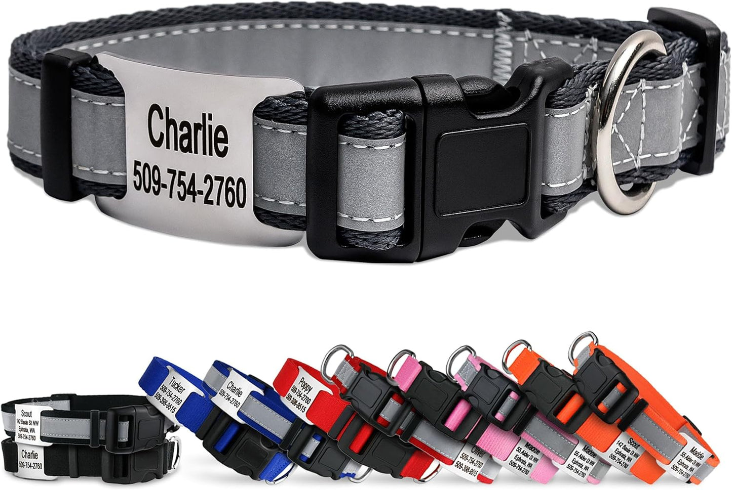 GoTags Reflective Personalized Dog Collar with Nameplate, Adjustable Dog Collar with Custom Engraved Steel Slide On Pet ID Tag, Silent, No Noise Dog Tag for Large Medium or Small (Charcoal, Small)