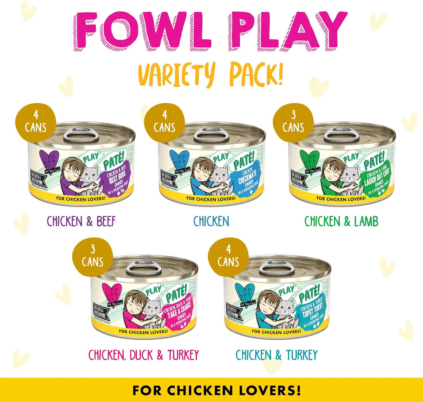 Weruva B.F.F. Play - Best Feline Friend Paté Lovers, Aw Yeah!, Fowl Play Yellow Patés Variety Pack, 2.8oz Can (Pack of 18)