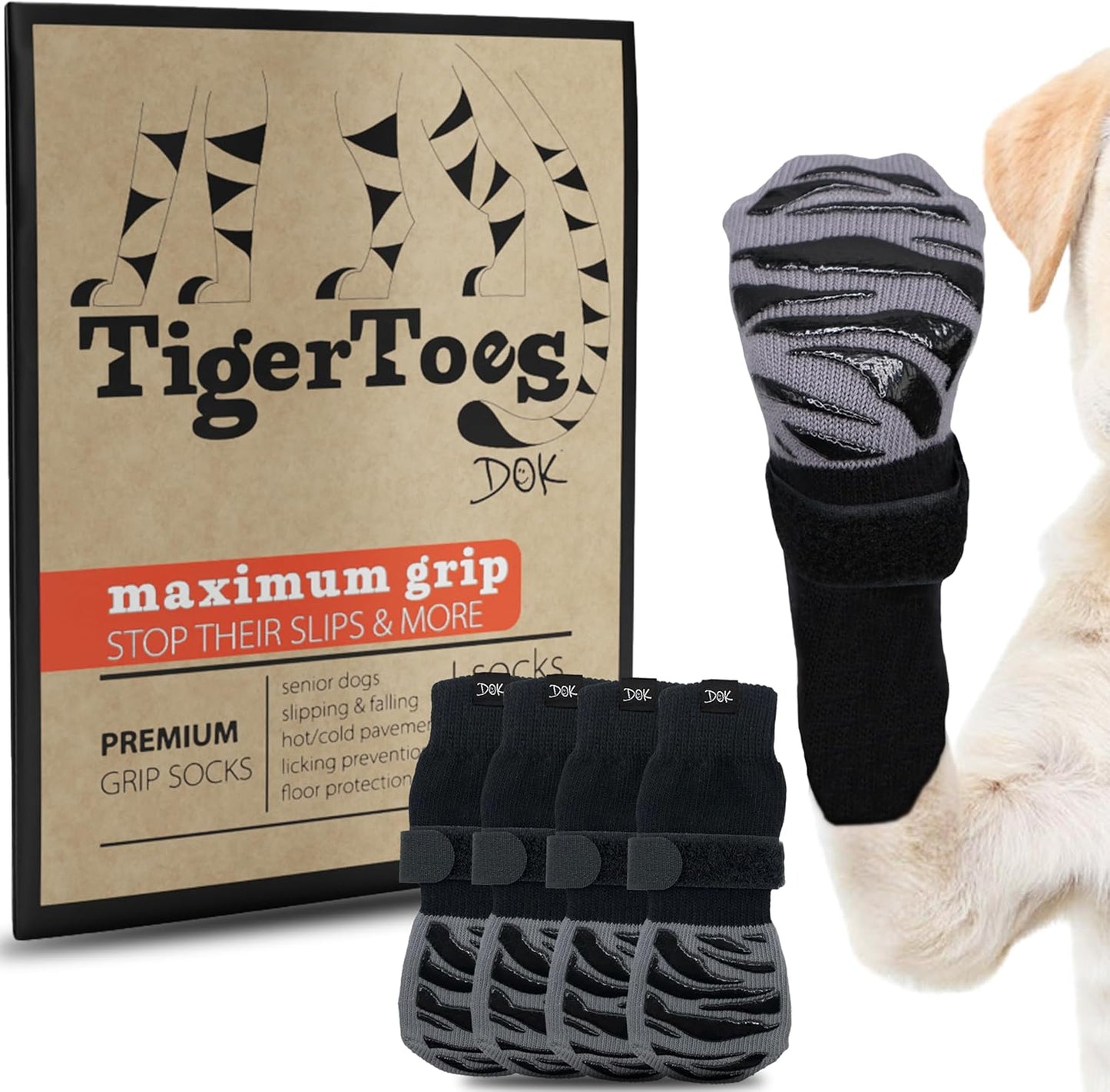 DOK TigerToes Premium Non-Slip Dog Socks for Hardwood Floors - Extra-Thick Grip That Works Even When Twisted - Prevents Licking, Slipping, and Great for Dog Paw Protection - Size Small