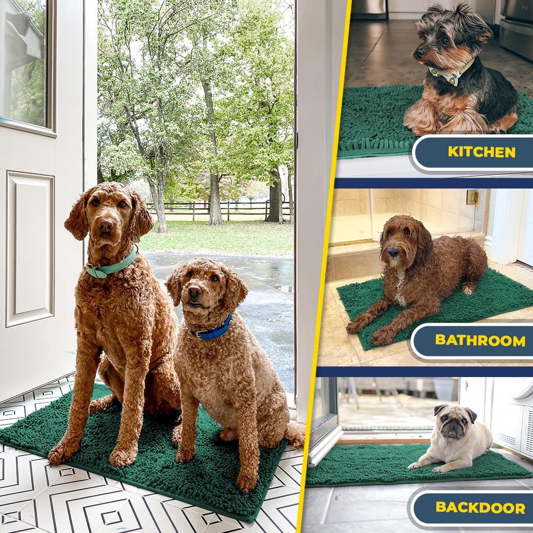 Muddy Mat® Shown on TV – Super Absorbent Microfiber Dog Door Mat for Muddy Paws, Non-Slip Washable Pet Rug, Quick Dry Chenille Entryway Carpet, Machine Washable Indoor Outdoor mat, Dark Green 28"x18"