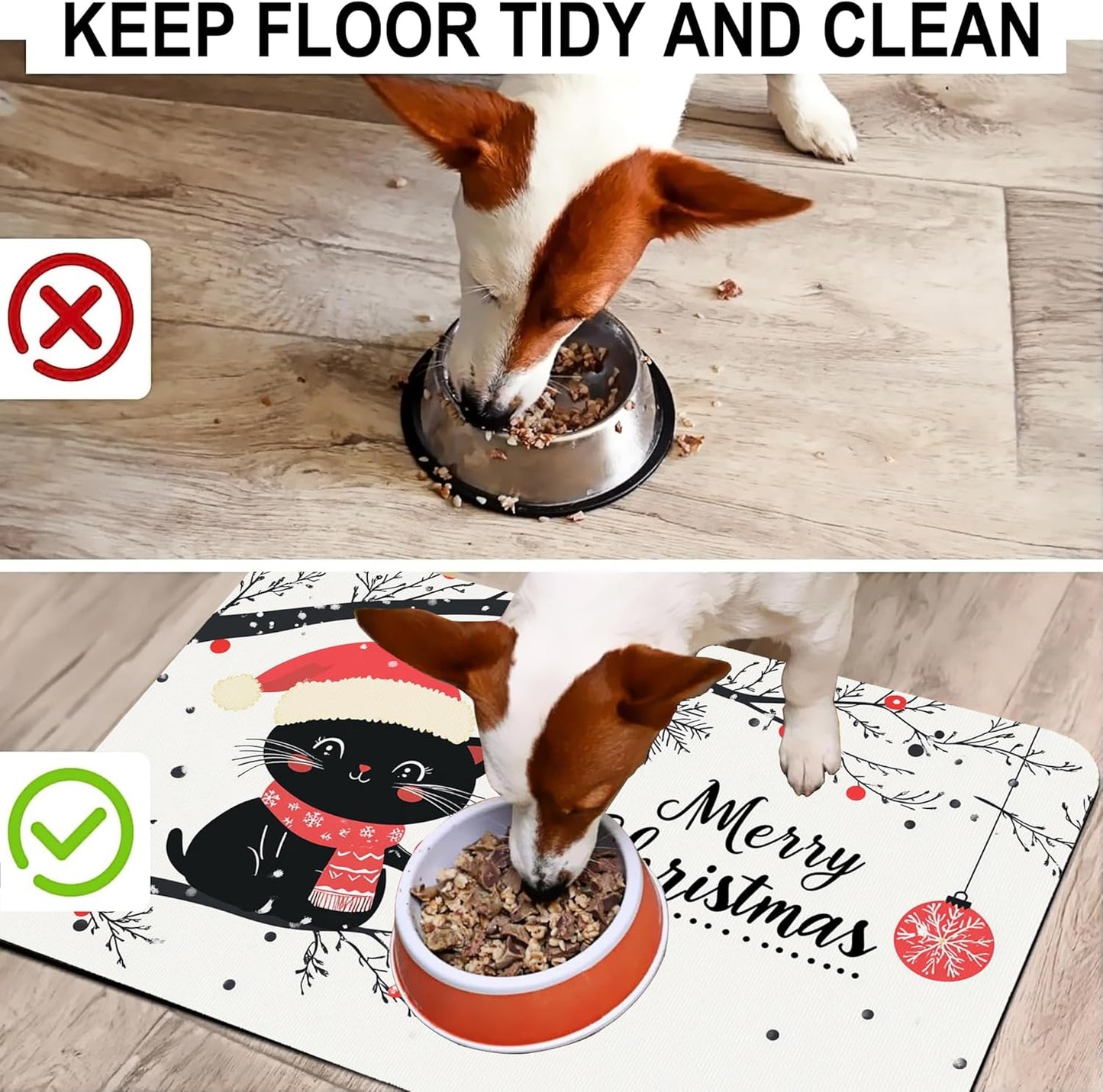 Christmas Black Cat Pet Feeding Mat-Quick Dry Absorbent Dog Cat Food Mat, Anti-Slip Water Bowl Mats for Messy Eaters-No Stains Indoor Pet Accessories 16"x24"