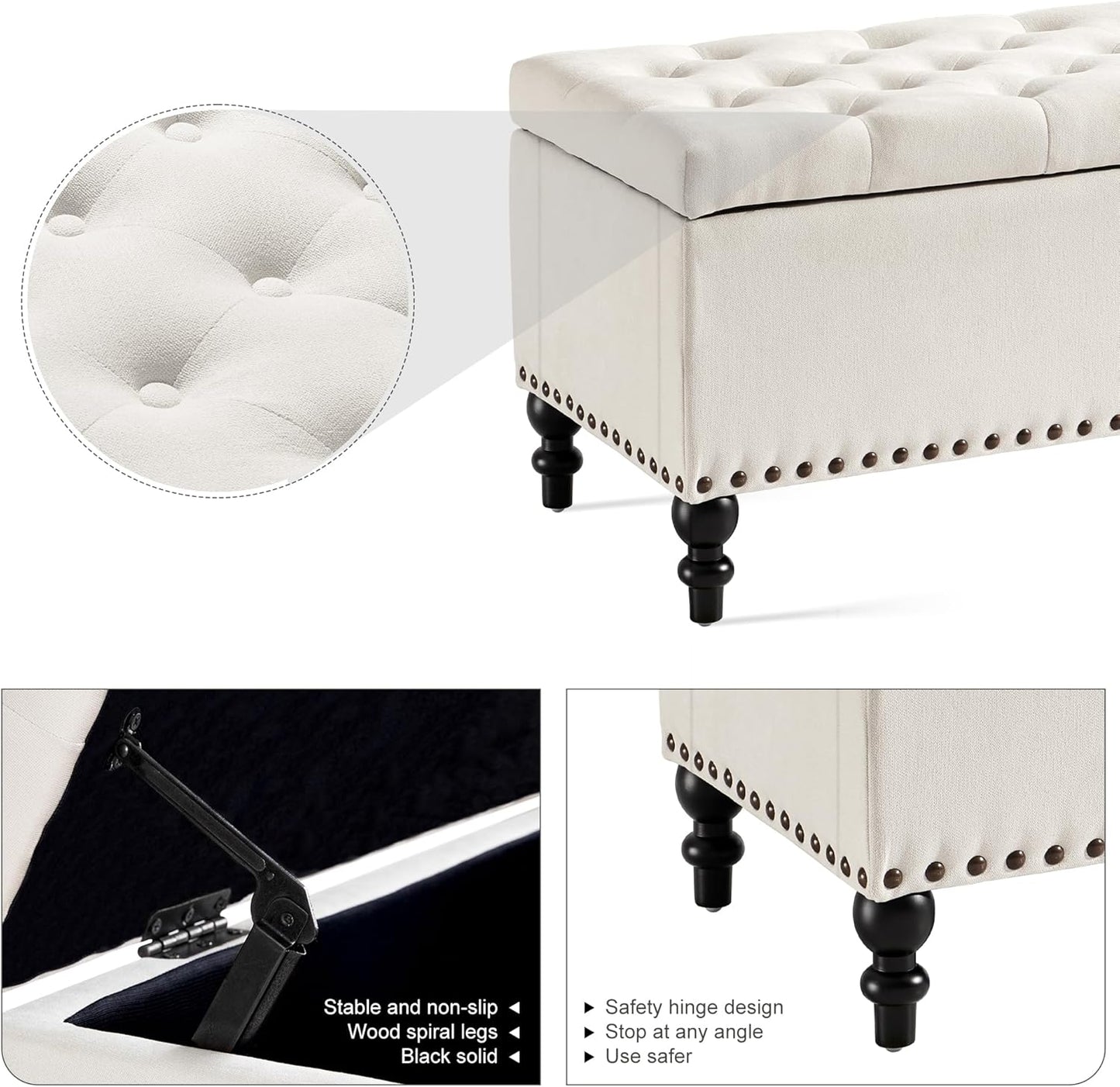 Ottoman with Storage,50.2-inch Upholstered End of Bed Storage Bench for Bedroom,for The Living Room,for Entryway, with Rivets & Button and Safety Hinges,Detachable (White)