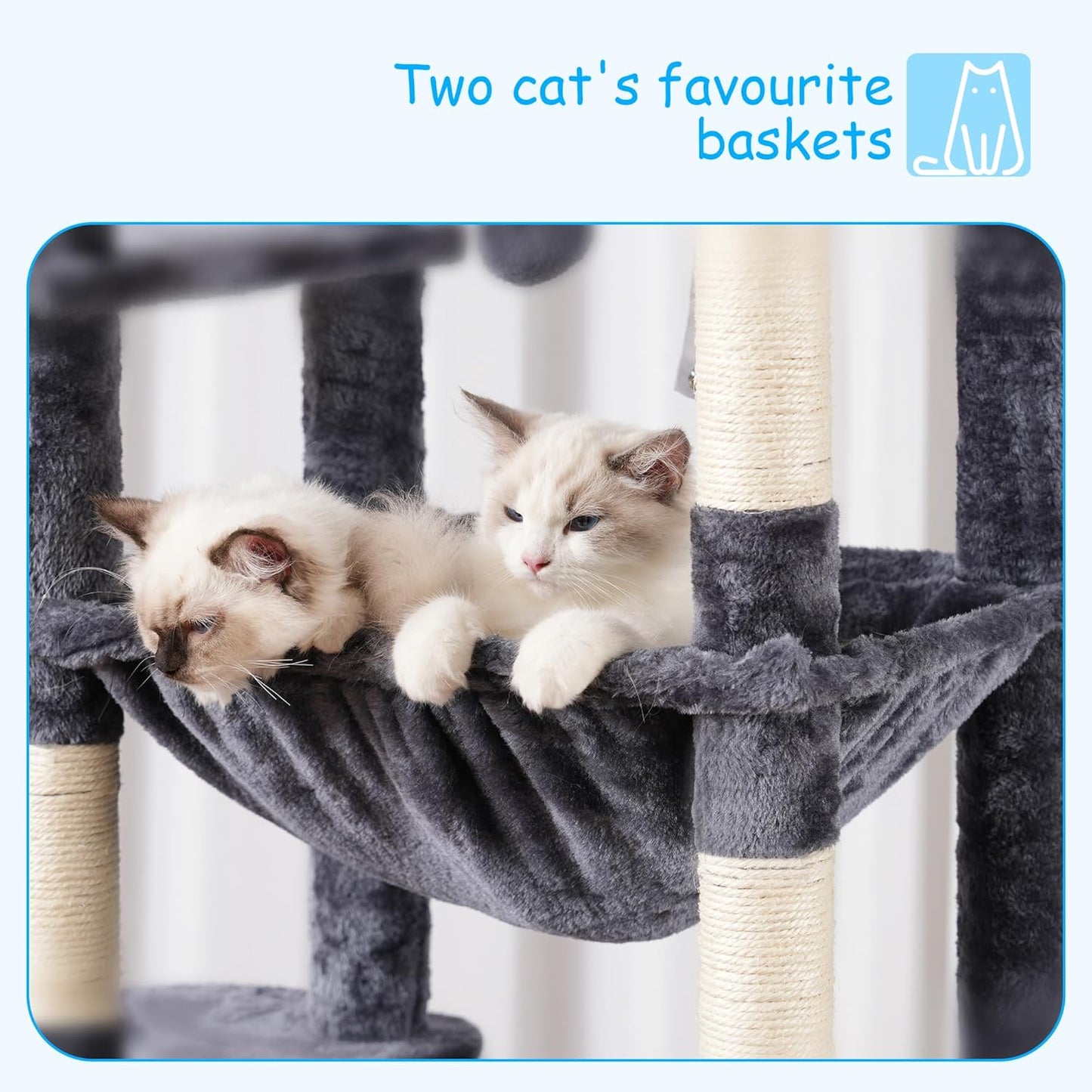 Hey-brother Cat Tree, 69.3-Inches Multi-Level Plush Cat Tower for Indoor Cats with Large Top Perch, Extra Spacious Hammock, 2 Hammocks Ramp, Hanging Ball, Smoky Gray MPJ037G