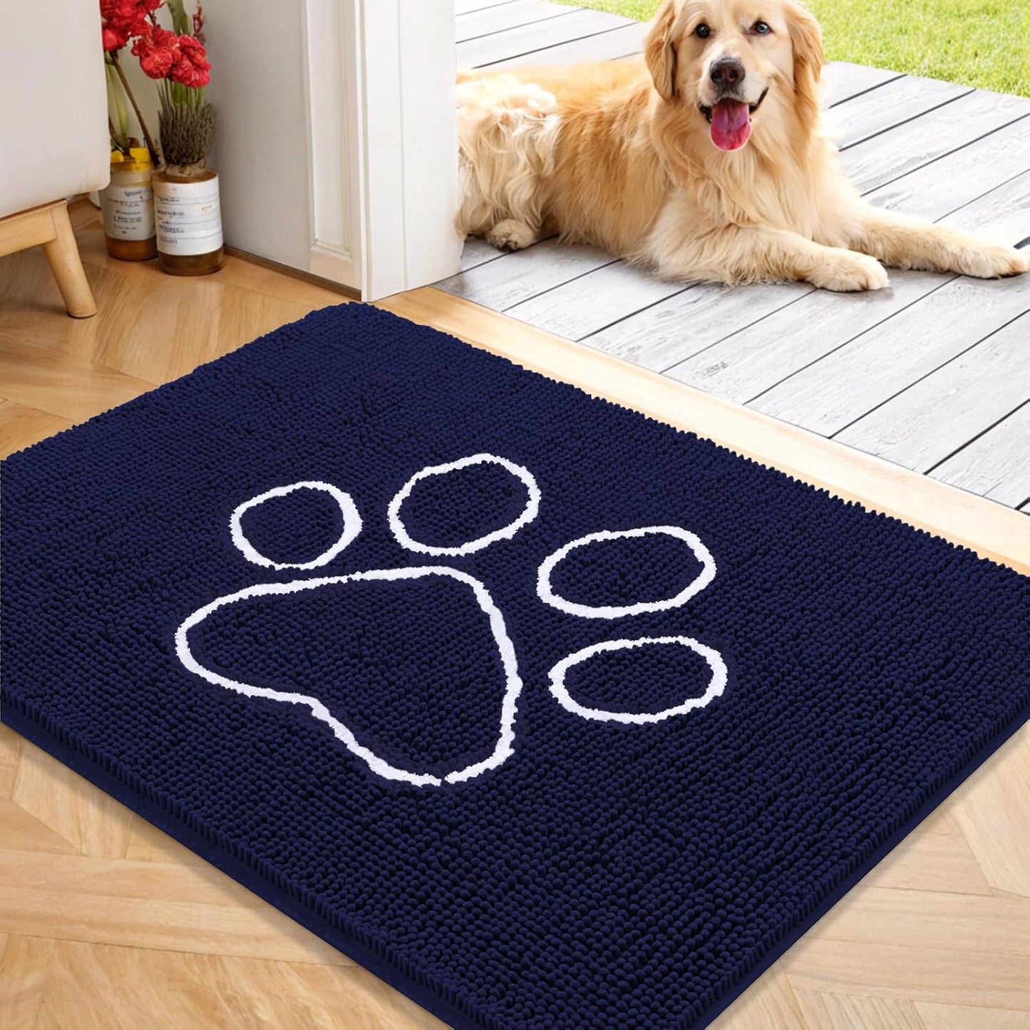 OLANLY Door Mat for Muddy Dog Paws 40x32, Ultra Absorbent Chenille Mud Doormat with Paw Print Design, Non-Slip Washable Doormat for Indoor Entryway, Quick-Dry Pet Bed Mats for Dirty Dogs, Navy Blue