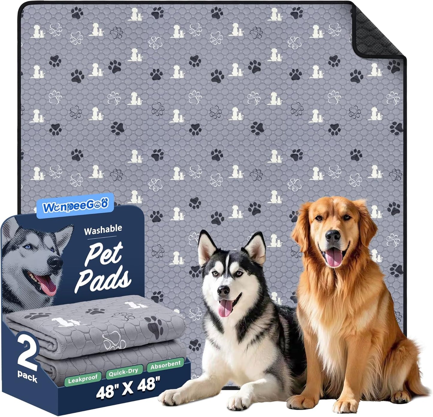 Washable Pee Pads, Puppy Pee Pad for Dogs, 2 Pack Absorbent Reusable Training Dog Pads Pet Puppy Pads, Non-Slip Potty Pads for Whelping, Playpen, Crate, Bed, Grey 48"x48"
