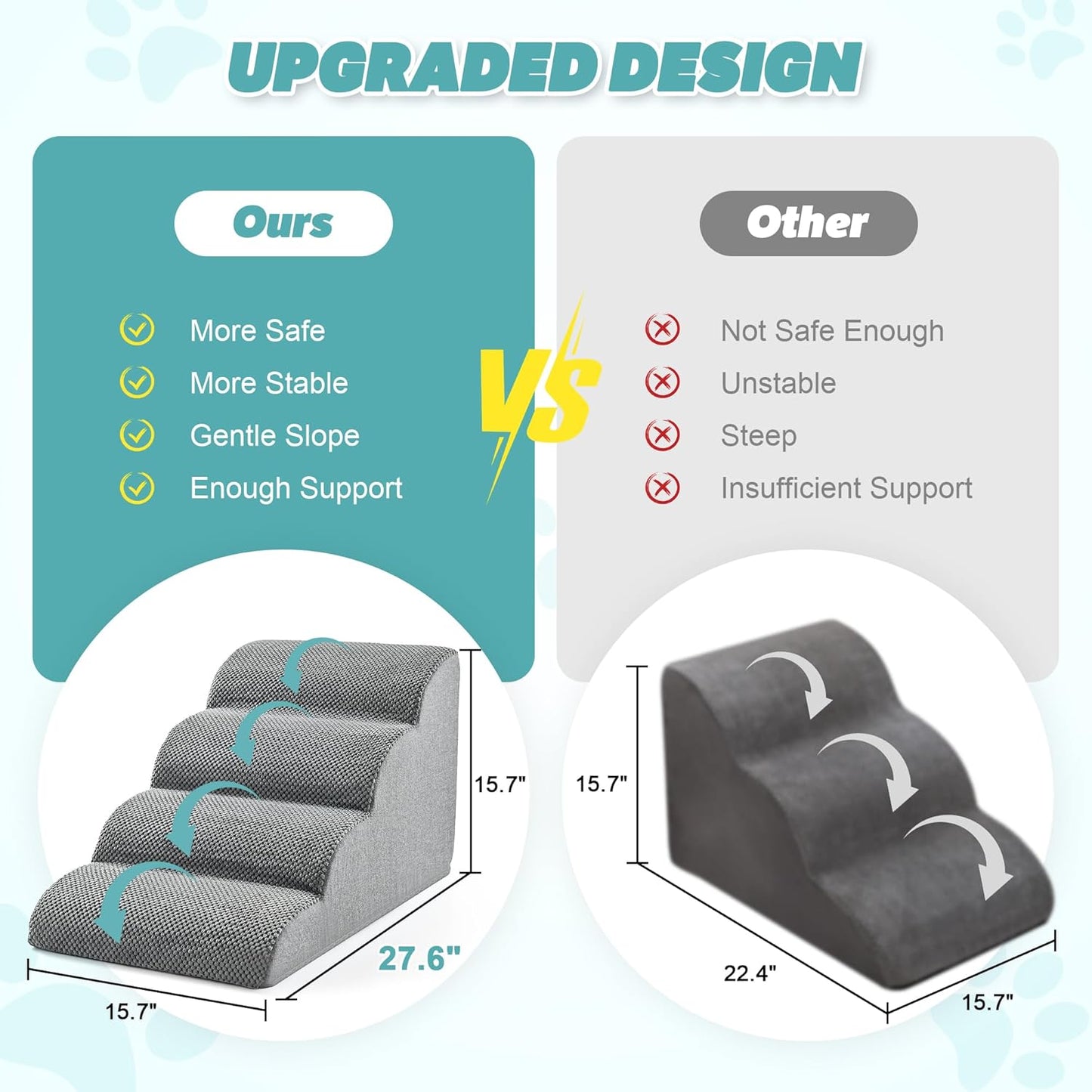 IFNOW Dog Stairs for Small Dogs, 4-Step Sturdy Dog Steps for Bed, Couch, Sofa, Waterproof Pet Stairs for Older Cats, Puppy, Removable Washable Cover, Non-Slip Curved Pet Ramp Indoor, Grey