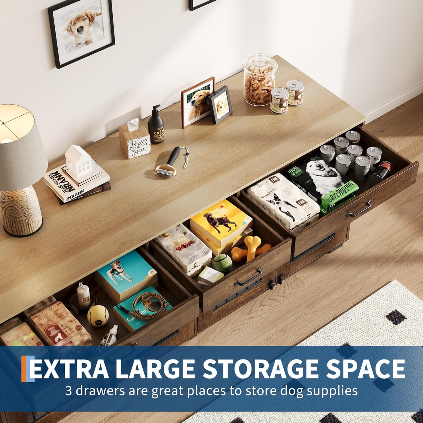 71 Inch Dog Crate Furniture for 2 Rooms, Wooden Double Crate Large Breed with Door, Dog Kennel Indoor, TV Stand End Table with Divider for Large Medium Dogs,Brown