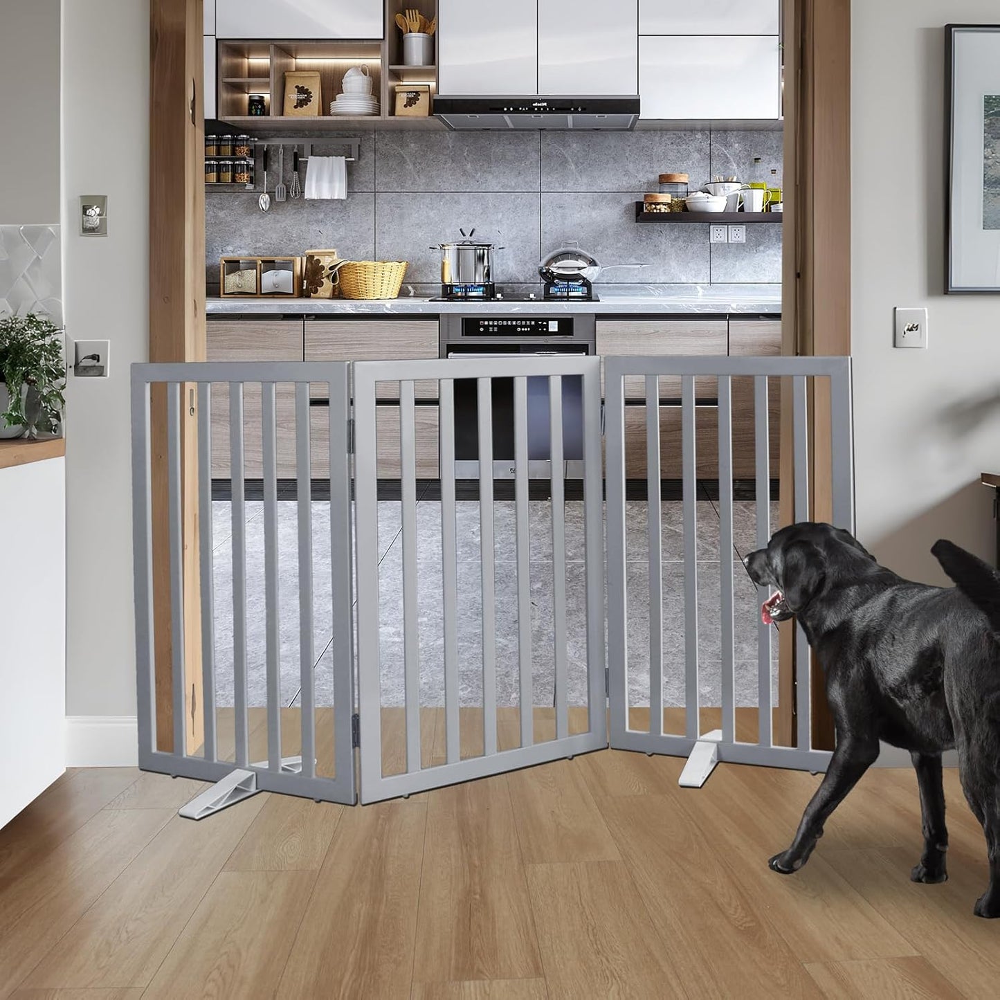 ZJSF Freestanding Indoor Dog Gate for House Foldable Wood Puppy Gate for Doorways Pet Gate for Stairs Extra Wide Pet Fence, Grey, 32" Height 3 Panels