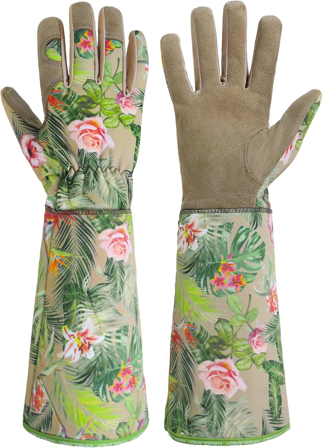 HANDLANDY Leather Gardening Gloves for Women, Thorn Proof Breathable Ladies Rose Pruning Garden Gauntlet Yard Gloves, Gift for Gardeners (Khaki, M)