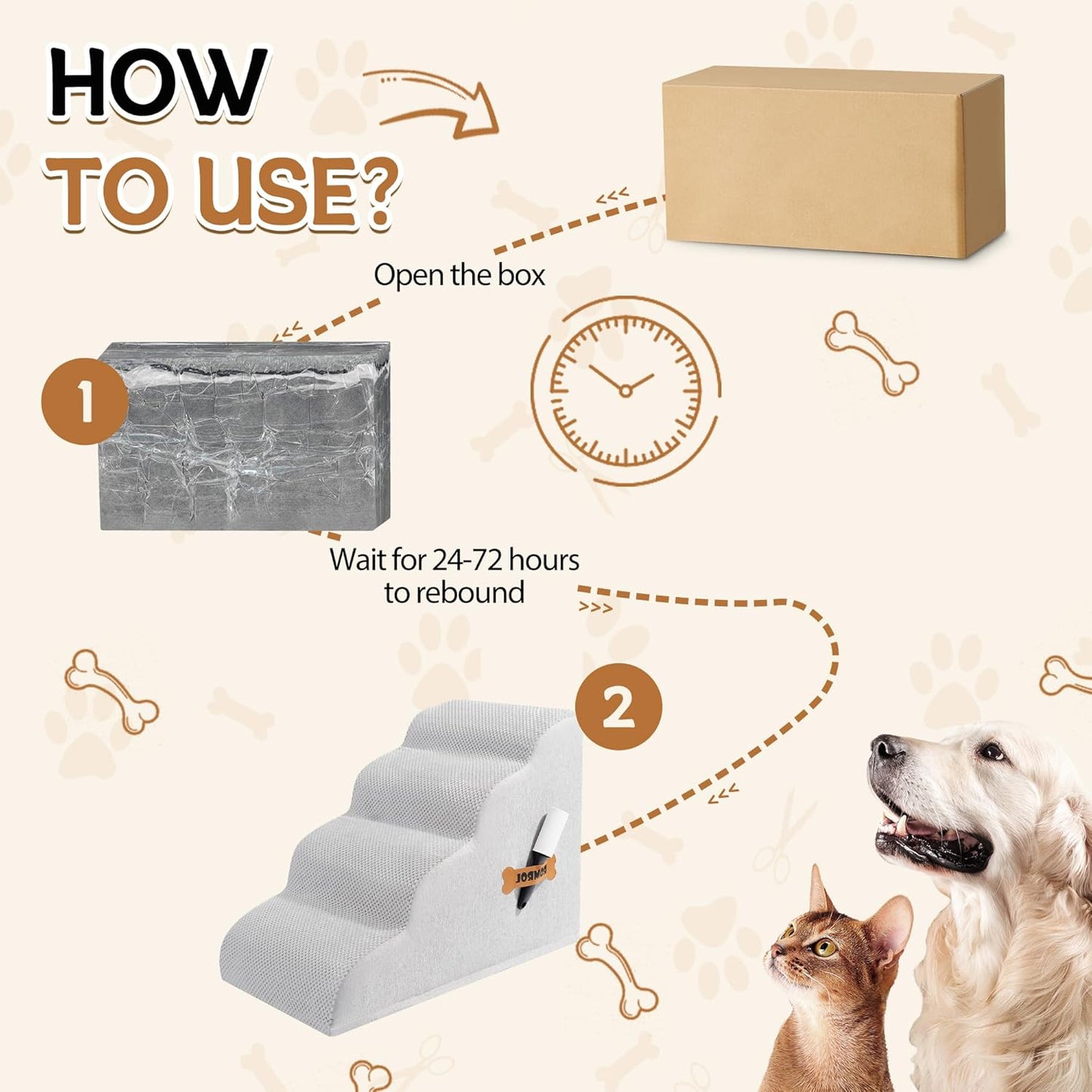 Romrol Dog Stairs Ramp for Beds Couches, Extra Wide Pet Steps with Durable Non-Slip Waterproof Fabric Cover, Dog Slope Stairs for Small Dogs and Cats or Pets Friendly, 4-TiersLight Grey