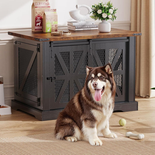 VOPEAK 43.3" XL Dog Crate Furniture, Chew Resistant Dog Crate for Medium Large Dogs, Heavy Duty Extra Large Dog Crate Dog Kennel Indoor with Double Doors, Wooden End Table for Living Room, Black