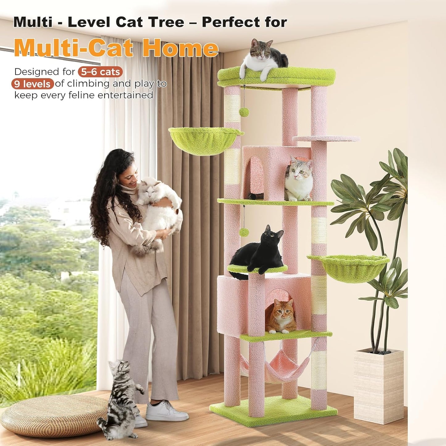 71.2" Large Cat Tree for Multi-Cat Households - Heavy-Duty 9-Level Cat Tower w/5 Sisal Scratching Posts, 2 Condos, 3 Hammocks, Extra-Large Perch & Pompoms - Space-Saving, Pink