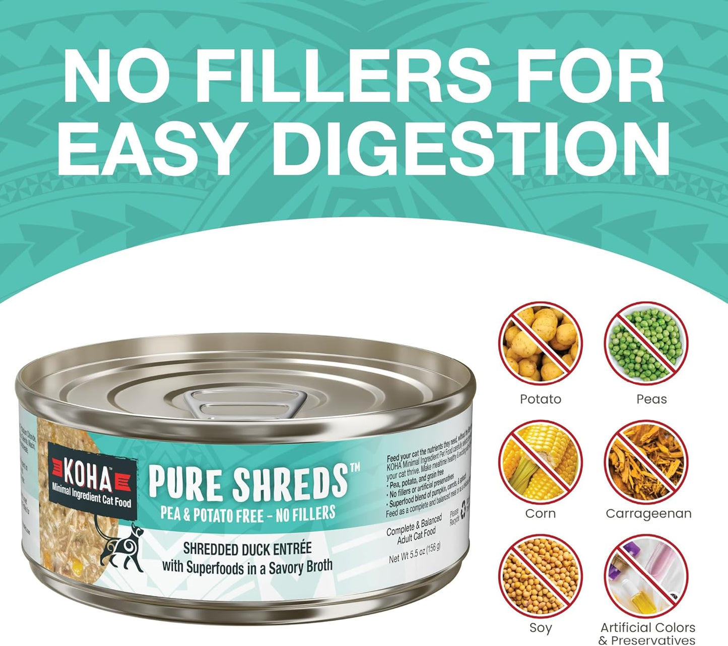 KOHA Pure Shreds Duck Entrée for Cats, Single Meat Wet Cat Food 2.8oz Cans (Pack of 24)