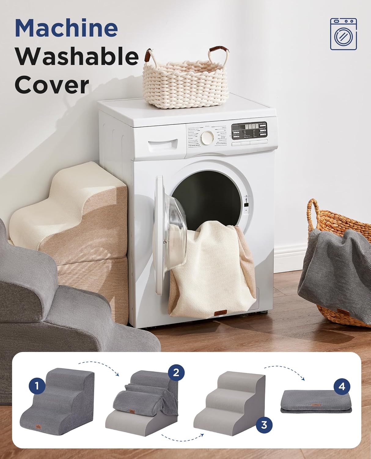 Beige Curved Dog Stairs Ramp for Small Dogs & Cats 22.8" H, 4-Step Dog Steps for Couch Sofa and Chair, Pet Stairs for Cats, Non-Slip Balanced Pet Steps