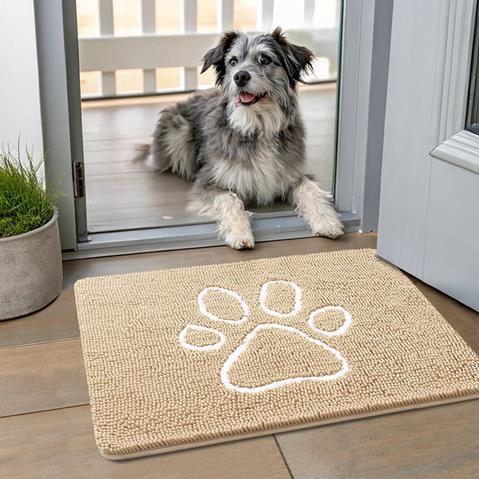 Smiry Dog Door Mat for Muddy Paws, Absorbent Dirt Trapper Non Slip Quick Dry Washable Chenille Mat for Mud Dogs, Entry Rug for Indoor and Outdoor (24x16 Inches, Beige)