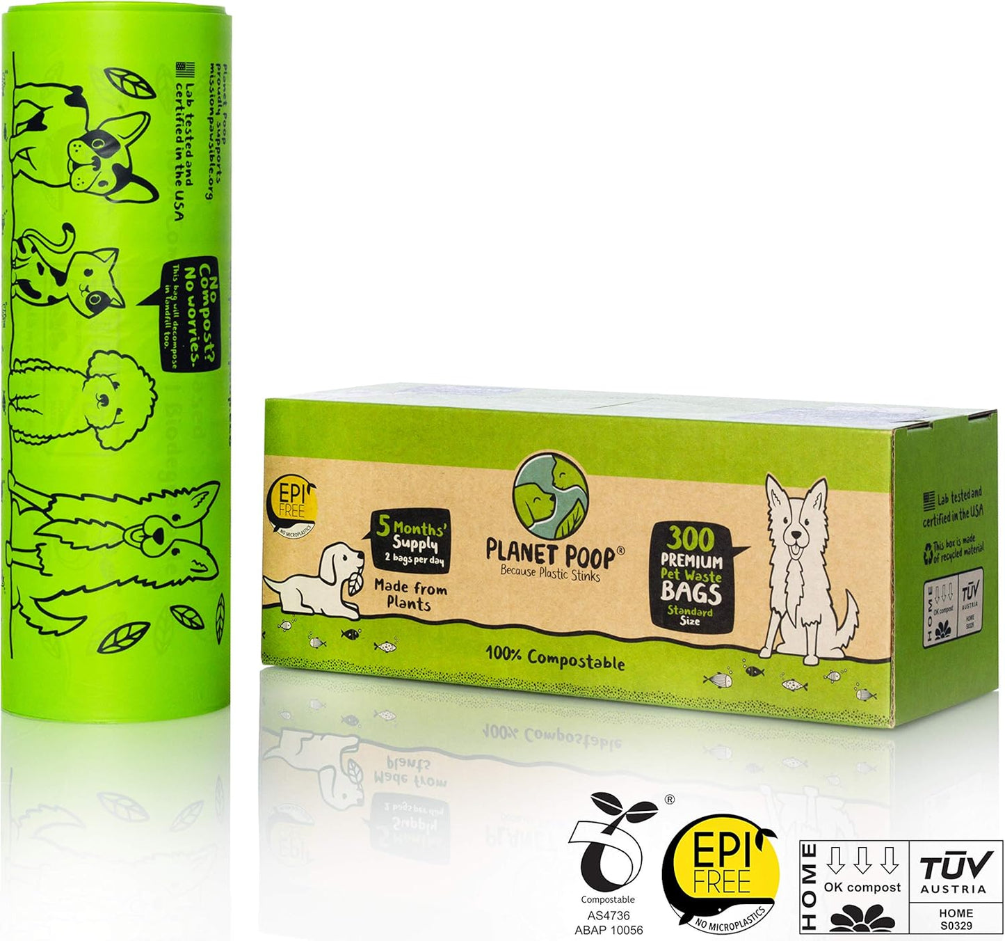 PLANET POOP Home Compostable Dog Poop Bags, Large Single Roll 300 Grab & Go, for Dogs Un-Scented Dog Waste Bags, Thick Leakproof Doggy Cat Bag, Plant-Based Pet Supplies