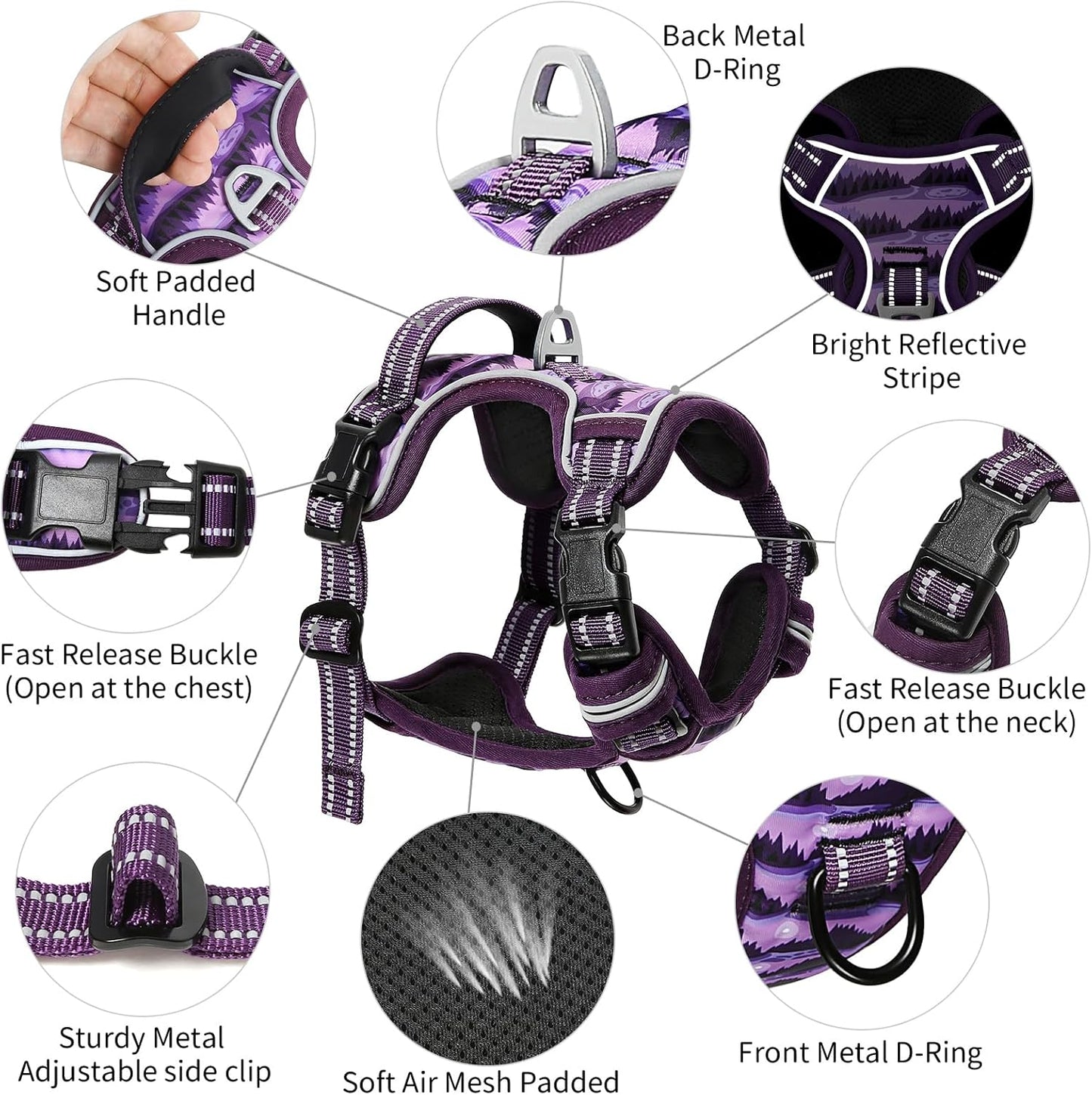 Timos Dog Harness,No-Pull Pet Harness Adjustable Soft Padded Dog Vest,Reflective No-Choke Pet Oxford Vest with Easy Control Handle for X-Small Dogs,Moon Night,XS