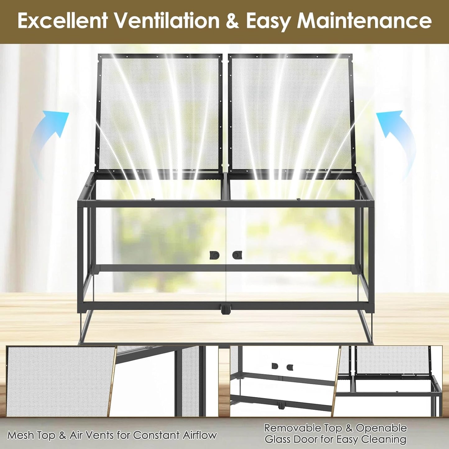 Erinnyees 50 Gallon Reptile Terrarium with Top Screen Ventilation, Snake Habitat with Heating Pad Space, Front Opening Reptile Vivarium with Sliding Cable Outlet for Leopard Geckos, Snakes, Turtles