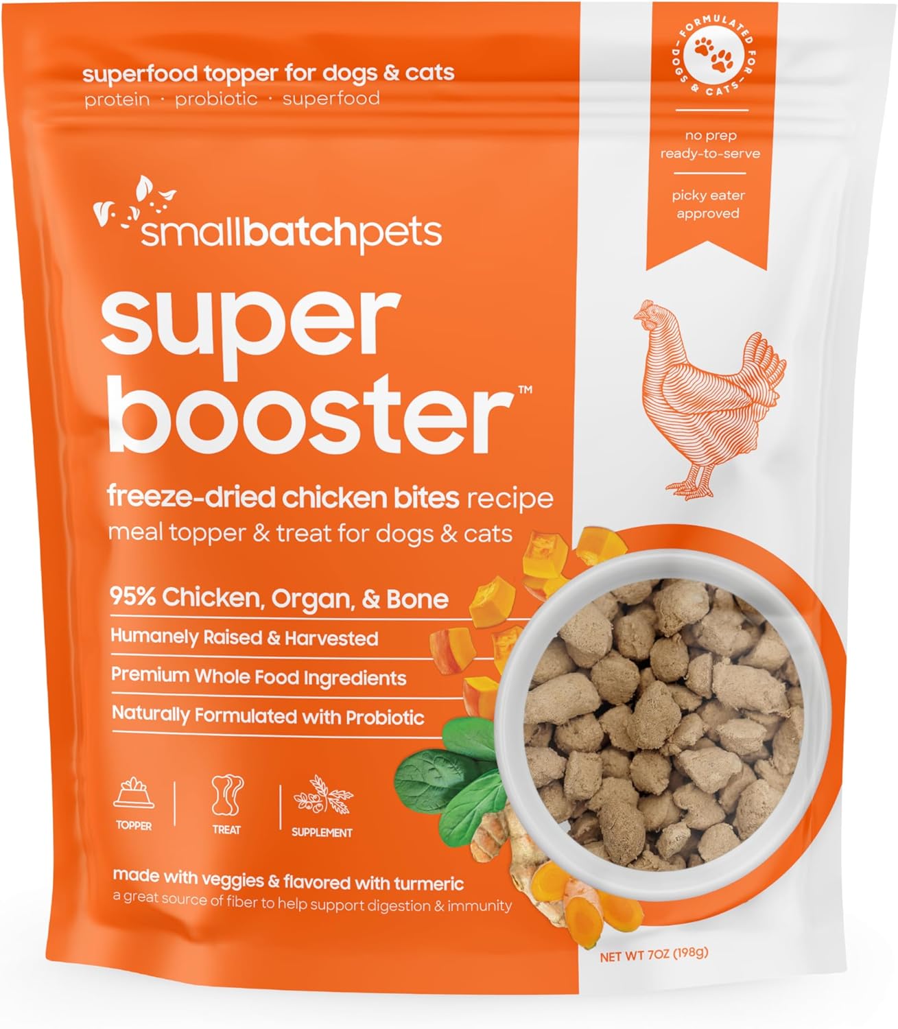 smallbatch Freeze Dried Dog Treats, Superfood Food Topper Chicken Bites for Dogs & Cats, Probiotics, Organic Ingredients, High Protein, Grain Free Healthy Treat Food Topper, Made in The USA, 7 oz Bag