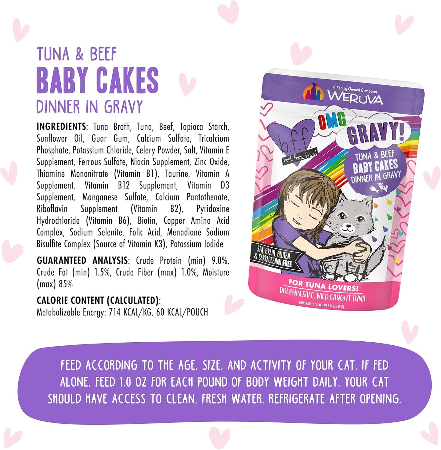 Weruva B.F.OMG - Best Feline Friend Oh My Gravy!, Tuna & Beef Baby Cakes with Tuna & Beef in Gravy Cat Food, 3oz Pouch (Pack of 12), Purple (0152)