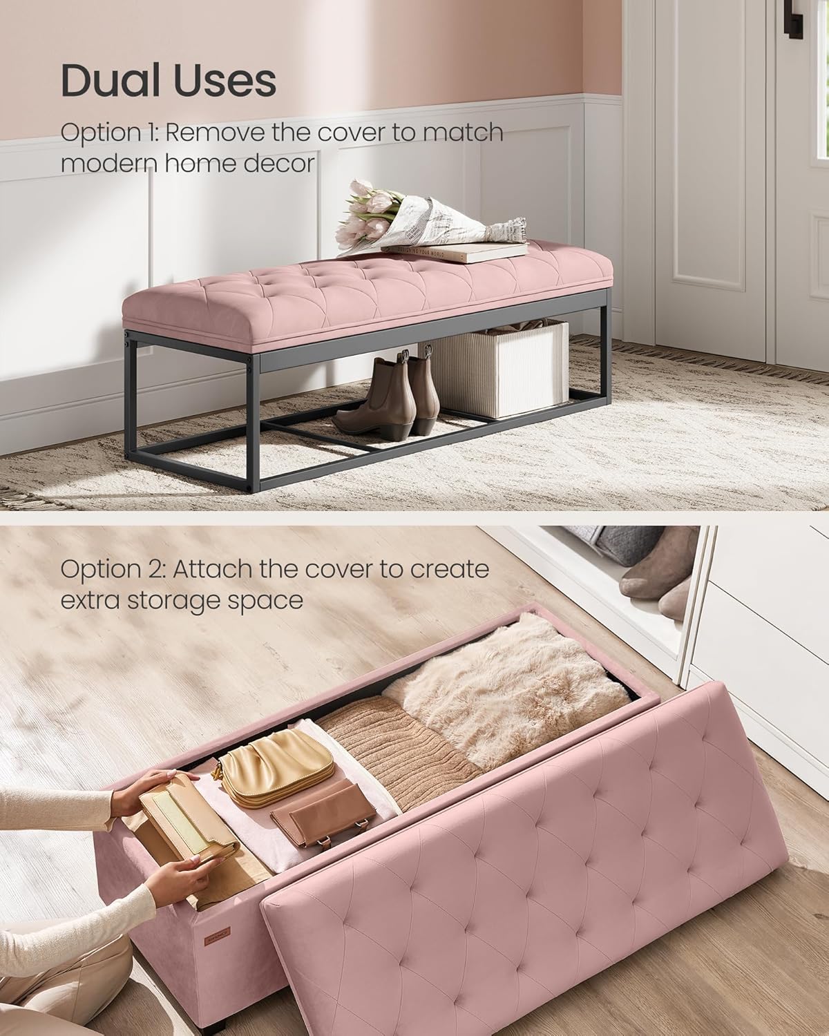SONGMICS Velvet Storage Ottoman Bench, Foot Rest with Legs, 15.7 x 43 x 15.7 Inches, End of Bed Bench, Storage Chest, Load up to 660 lb, for Living Room, Bedroom, Entryway, Jelly Pink ULSF089R01