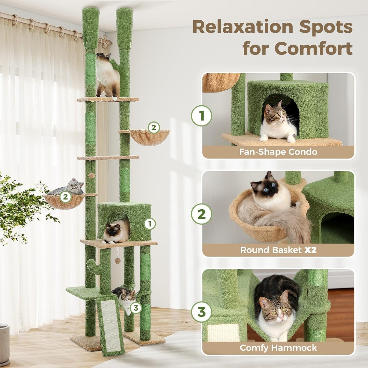 PAWZ Road Cactus Cat Tree Floor to Ceiling Cat Tower with Adjustable Height(85-112 Inches), 7 Tiers Climbing Activity Center with Cozy Hammocks, 5 Platforms and Scratching Posts for Indoor Cats
