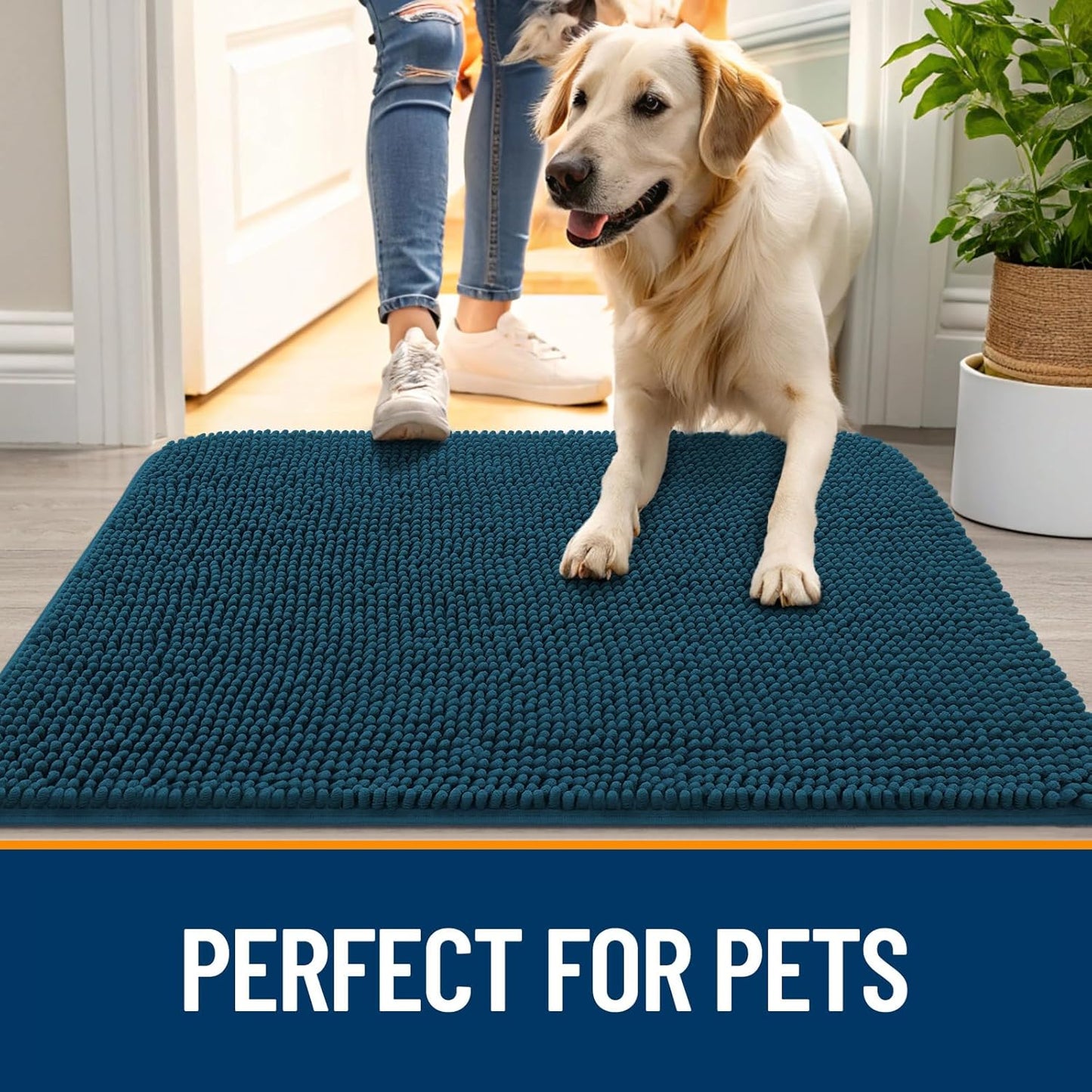 OLANLY Dog Door Mat for Muddy Paws 47x17, Absorbs Moisture and Dirt, Absorbent Non-Slip Washable Doormat, Quick Dry Chenille Mud Mat, Entry Indoor Entryway Carpet for Inside Floor, Atlantic Blue