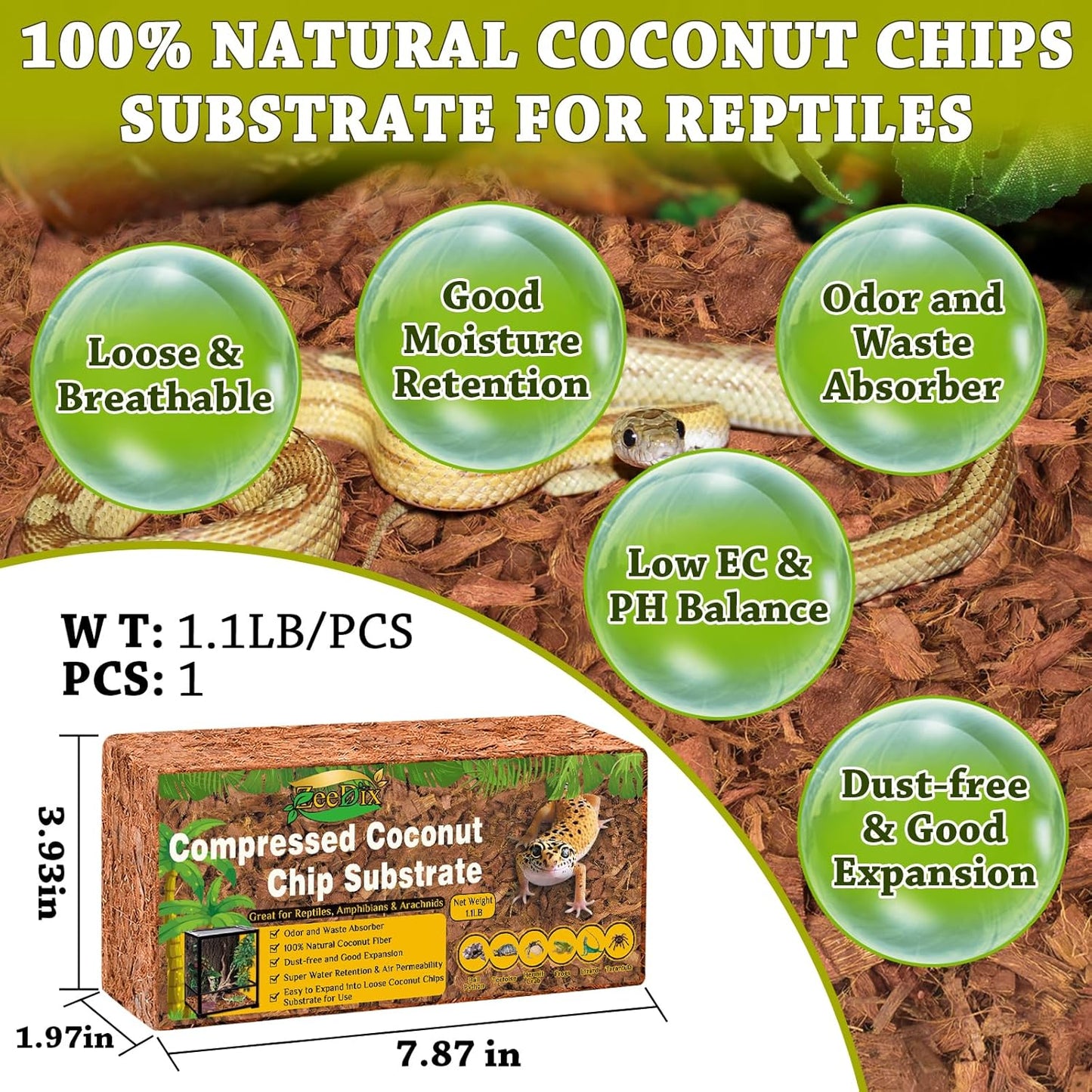 ZeeDix Natural Coconut Chips Substrate for Reptiles, Coconut Fiber Husk Reptiles Bedding, Compressed Coco Chips Substrate for Ball Python, Snakes, Tortoise, Hermit Crab, Frogs, Lizard, Tarantula