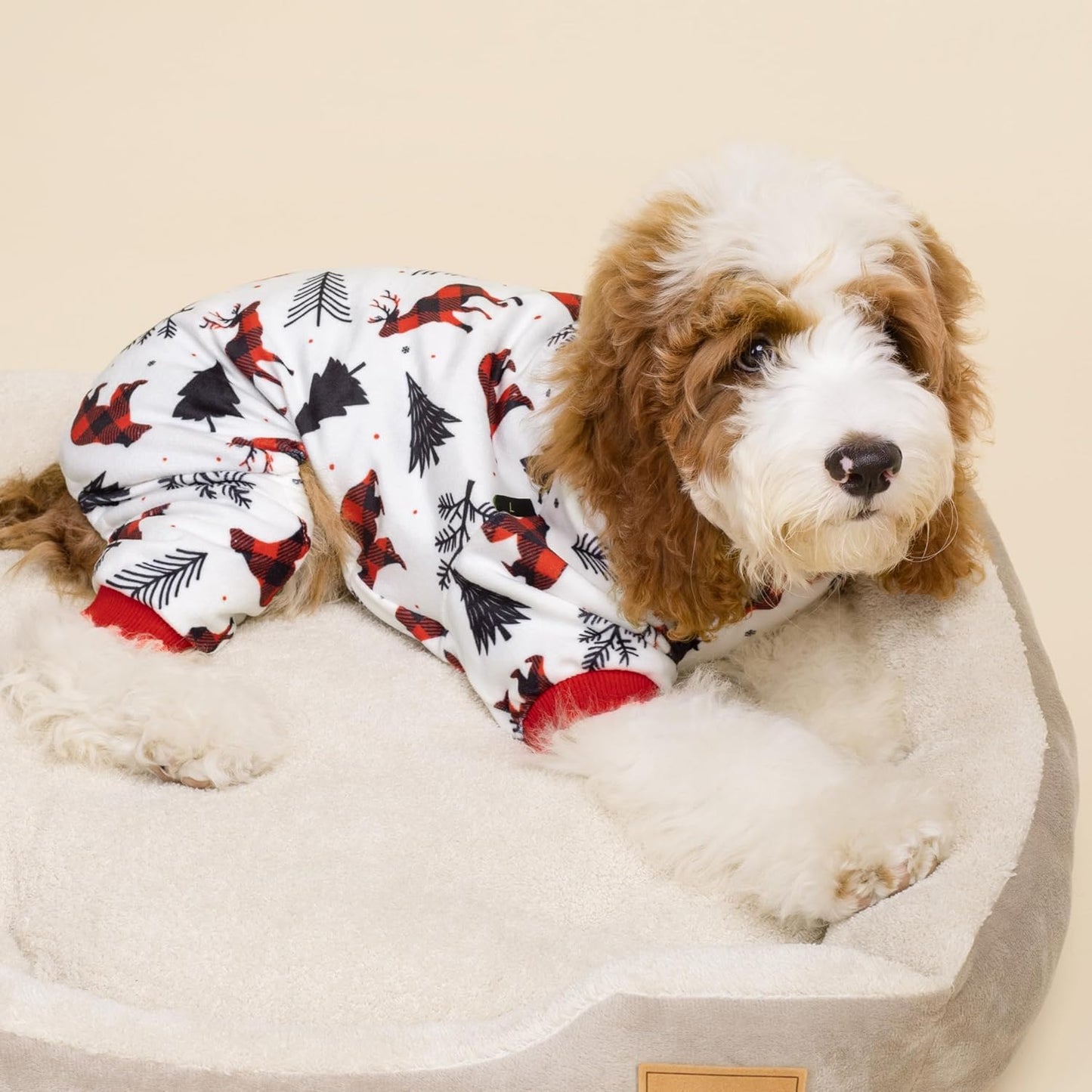 Fitwarm Reindeer Dog Christmas Pajamas, Winter Doggy Clothes for Small Dogs Boy Girl, Fleece Dog Onesie with Feet, Holiday Pet Outfit, Black, White, Red, Large