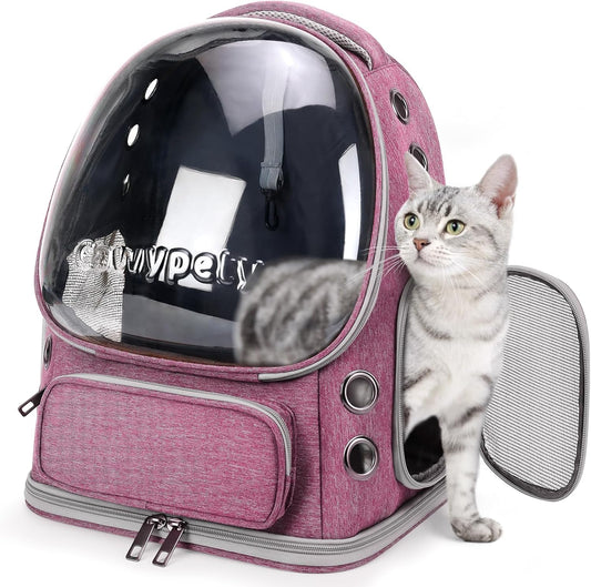 Cat Backpack Carrier, Breathable Cat Carrier Large Space Bubble Pet Backpack for Kitty Small Dog up to 15lbs, Transparent & Foldable Pet Carrier for Travel Hiking（Pink）