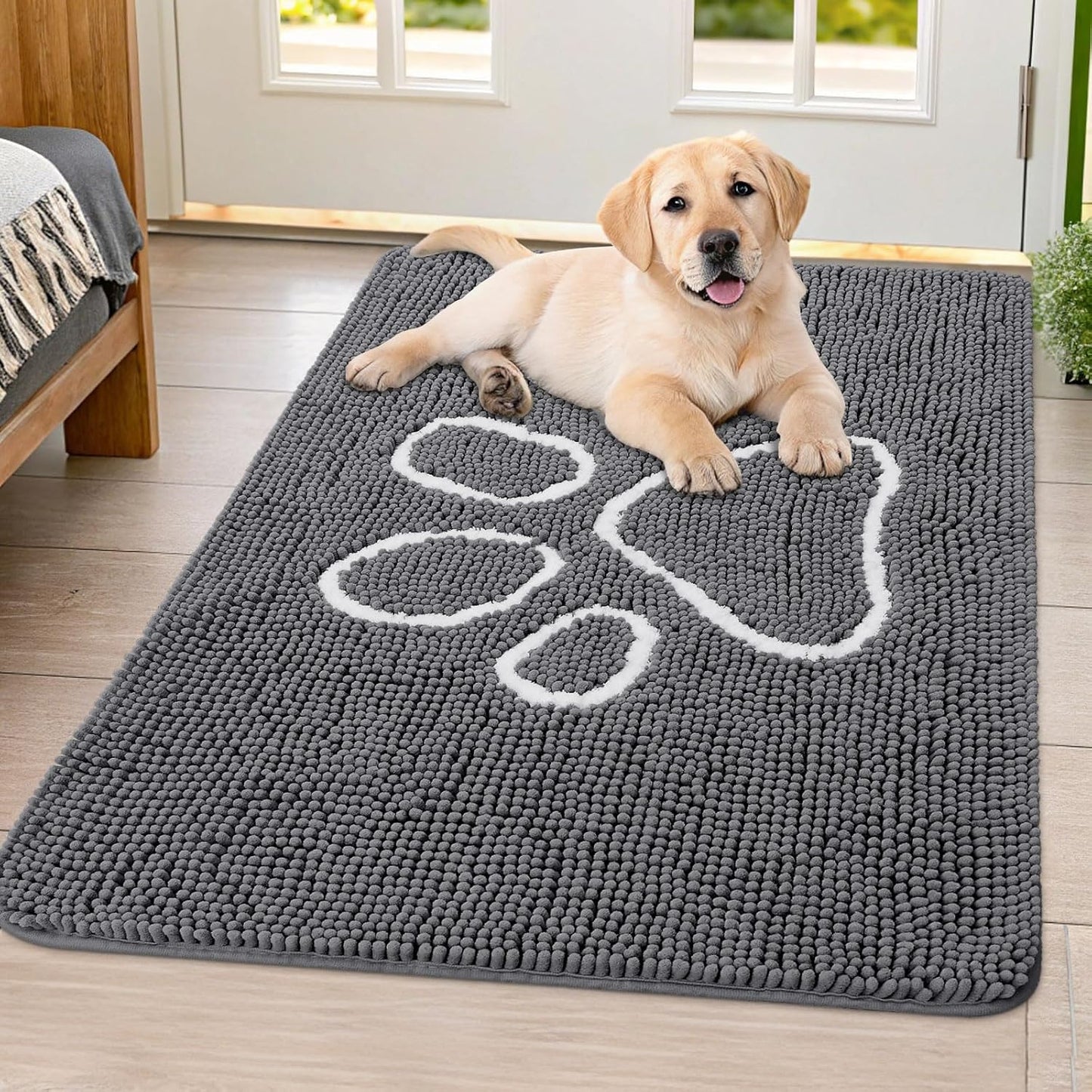 Smiry Dog Door Mat for Muddy Paws, Absorbent Dirt Trapper Non Slip Quick Dry Washable Chenille Mat for Mud Dogs, Entry Rug for Indoor and Outdoor (40x32 Inches, Dark Grey and White)