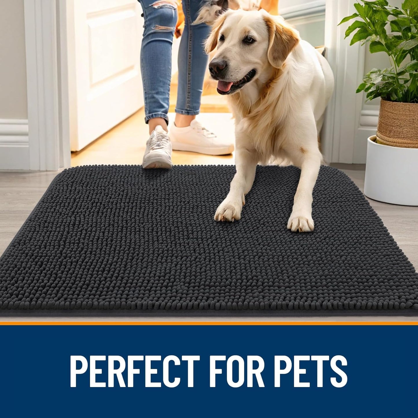 OLANLY Dog Door Mat for Muddy Paws 24x16, Absorbs Moisture and Dirt, Absorbent Non-Slip Washable Doormat, Quick Dry Chenille Mud Mat for Dogs, Entry Indoor Entryway Carpet for Inside Floor, Dark Grey