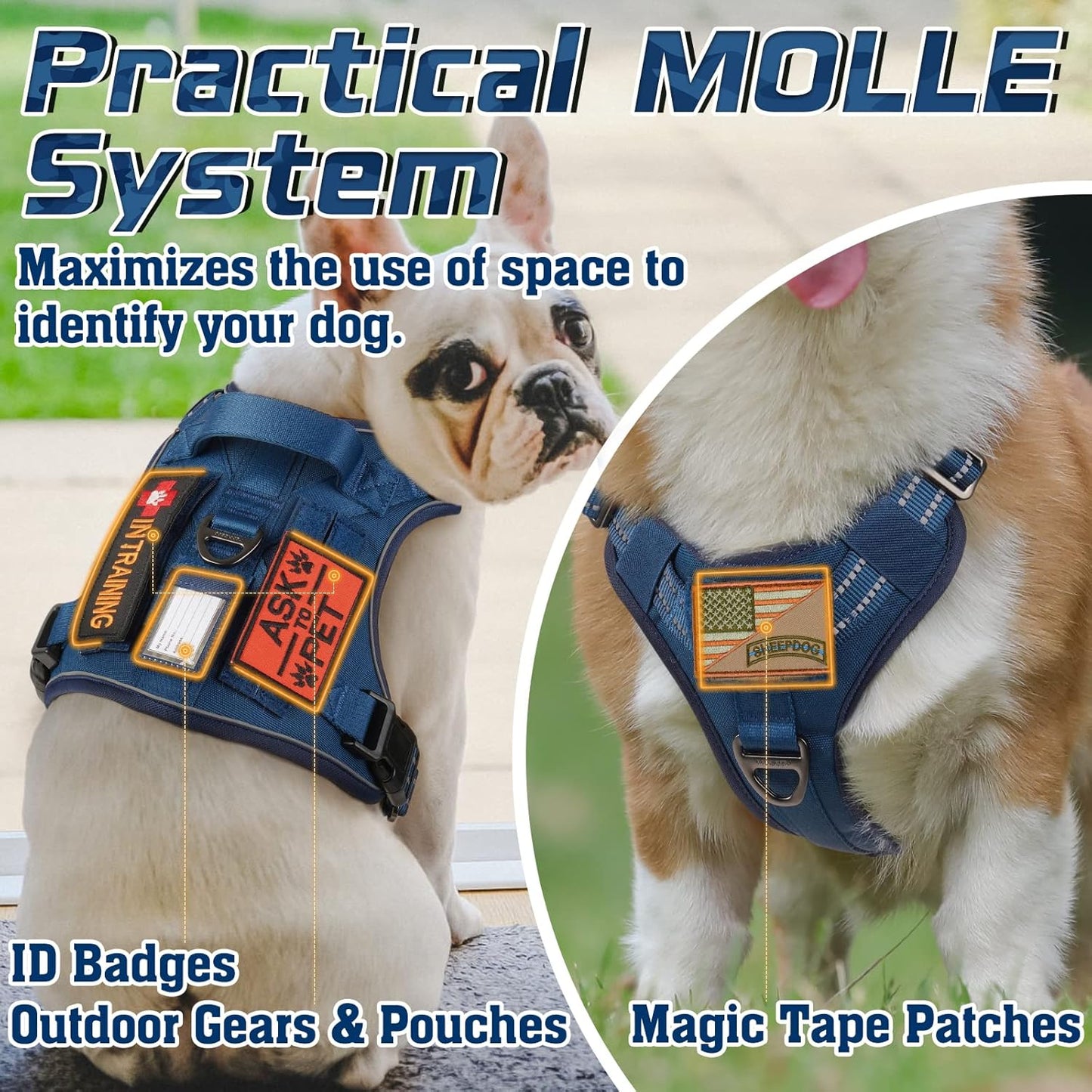 rabbitgoo Tactical Dog Harness for Large Dogs, No Pull Military Service Vest with Handle & Molle, Easy Control for Training Walking, Adjustable Reflective Straps, Blue, XL