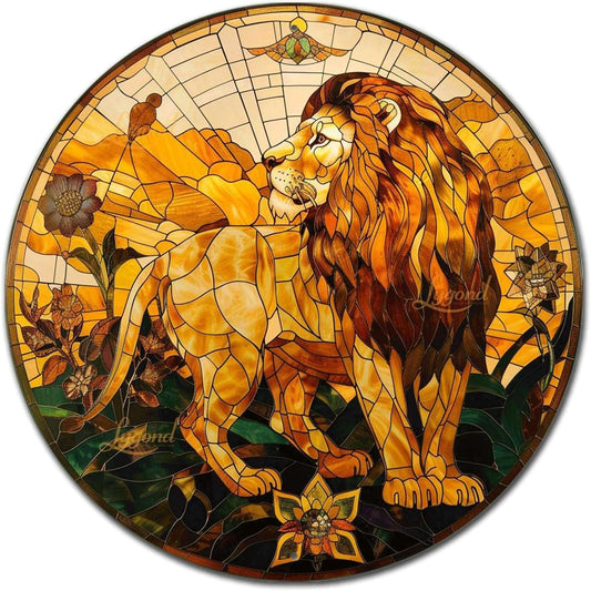 Lygond Metal Sign Tin Sign Circular Stained Glass Lion Funny Outdoor Decor for Club 8×8 Inches
