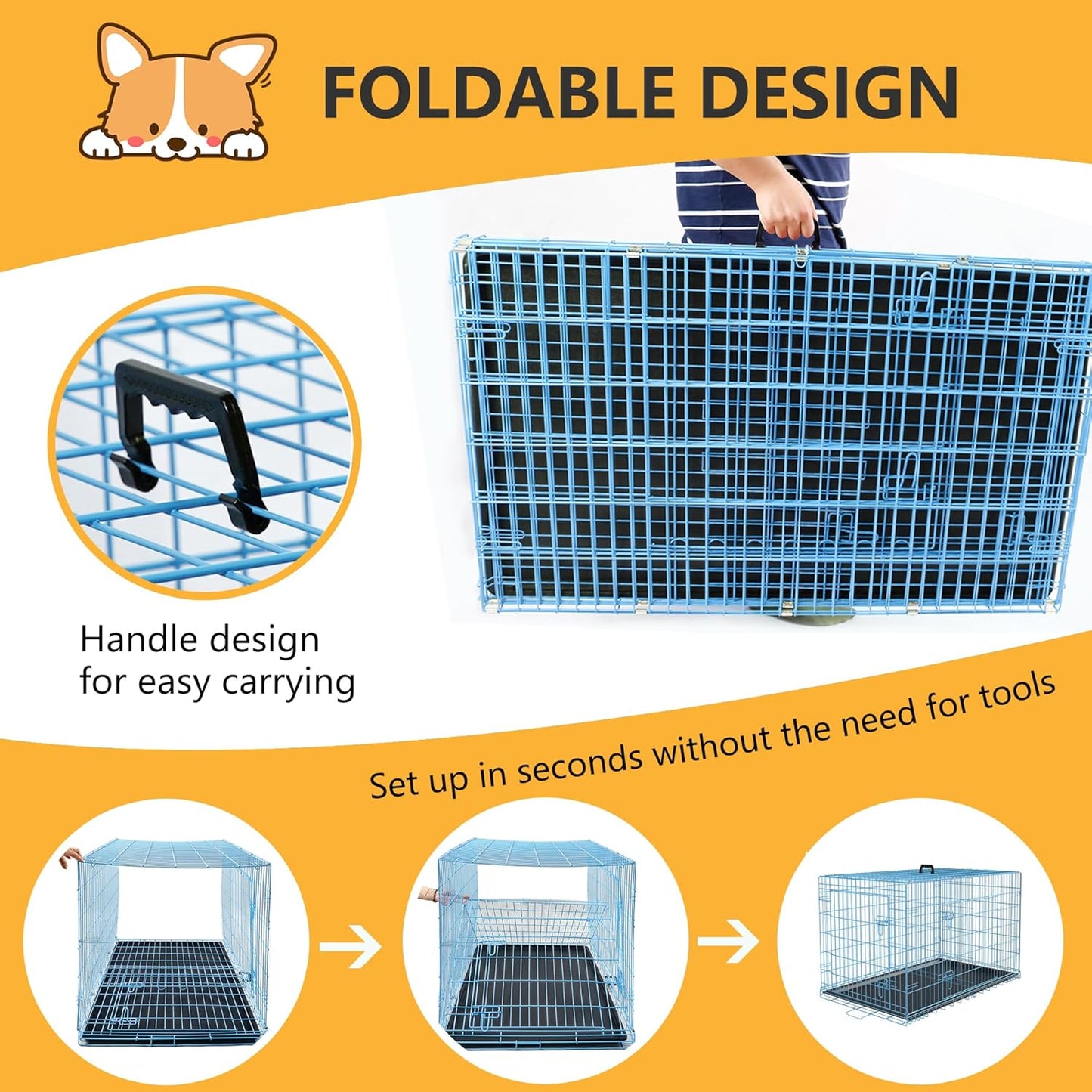 FDW Dog Crate for Medium Dogs 36 Inch Folding Metal WirePet Cage Double Door W/Divider Panel Indoor Outdoor Kennel Leak-Proof Plastic Tray,Blue