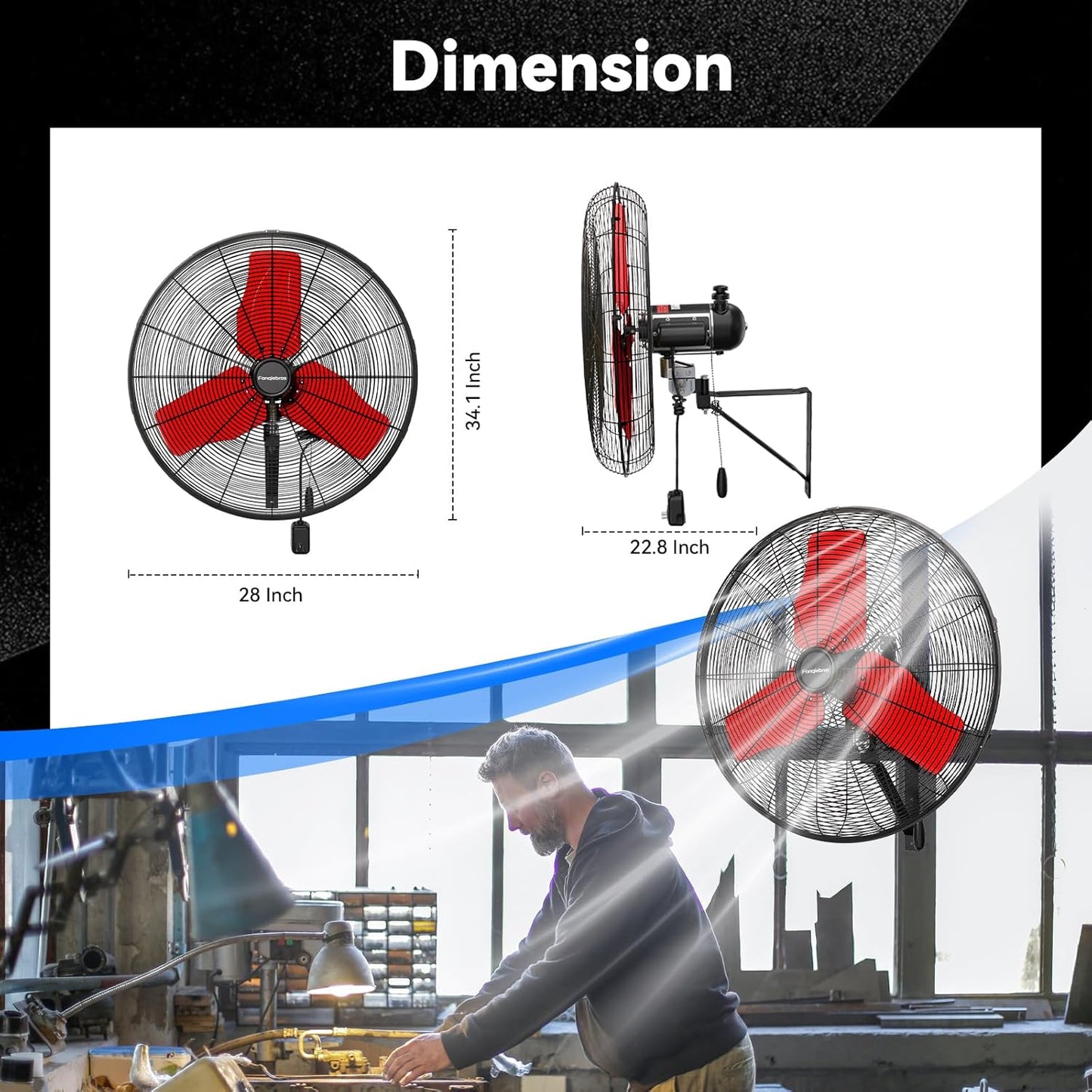 Pro 9500 CFM 24" Outdoor IP44 Waterproof Wall Mount Fan, 3-Speed Oscillating Metal Fans with Enclosure Motor, Heavy Duty Wall Fan for Patio, Warehouse, Garage, and Jobsite