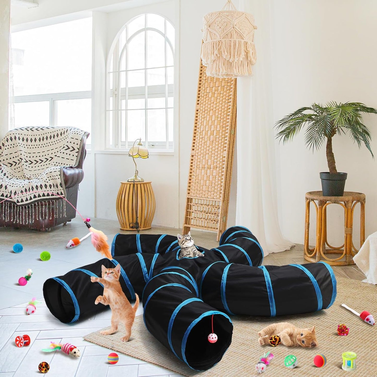 Poen 21 Pcs Cat Tunnel for Indoor Set Collapsible 5 Way Tubes with 20 Pcs Cat Kitten Toys Interactive Feather Toy Mouse Crinkle Balls Tube for Puppy Kitten Rabbit(Blue Black)