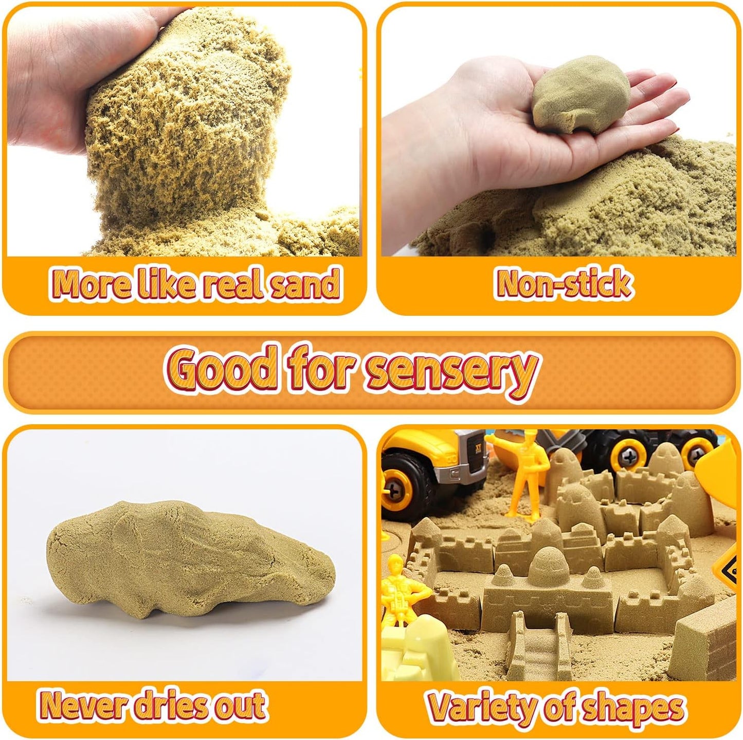 Play Construction Sand Kit,2.2lbs Magic Sand W/4 Large Take Apart Construction Trucks,1 Sandbox,8 Worker Figures and Road Signs,8 Molds,Toys for 2-8 Years Old Boys Girls
