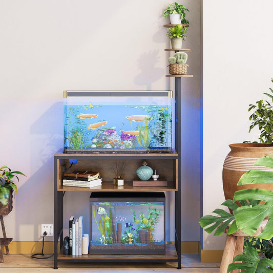 Aquarium Stand with Plant Shelves,20-Gallon Fish Tank Stand with 2-Tier Storage and Display Racks,Metal Frame Reptile Tank Table with Tall Plant Holders,Industrial Rack for Home,Office