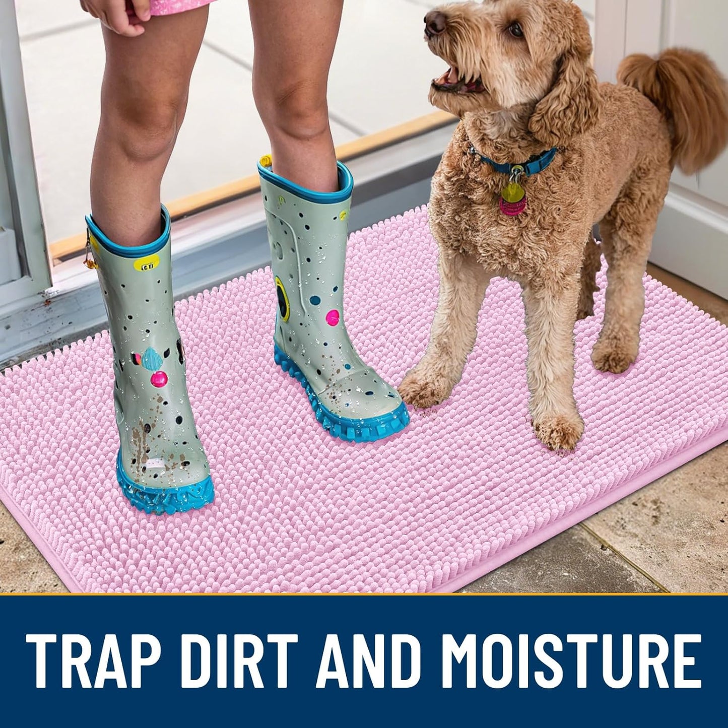 Smiry Dog Door Mat for Muddy Paws 30x20, Absorbs Moisture and Dirt Doormat, Non-Slip Washable Quick Dry Chenille Front Door Mat Indoor Entrance, Entryway Carpet for Inside Floor, Pink