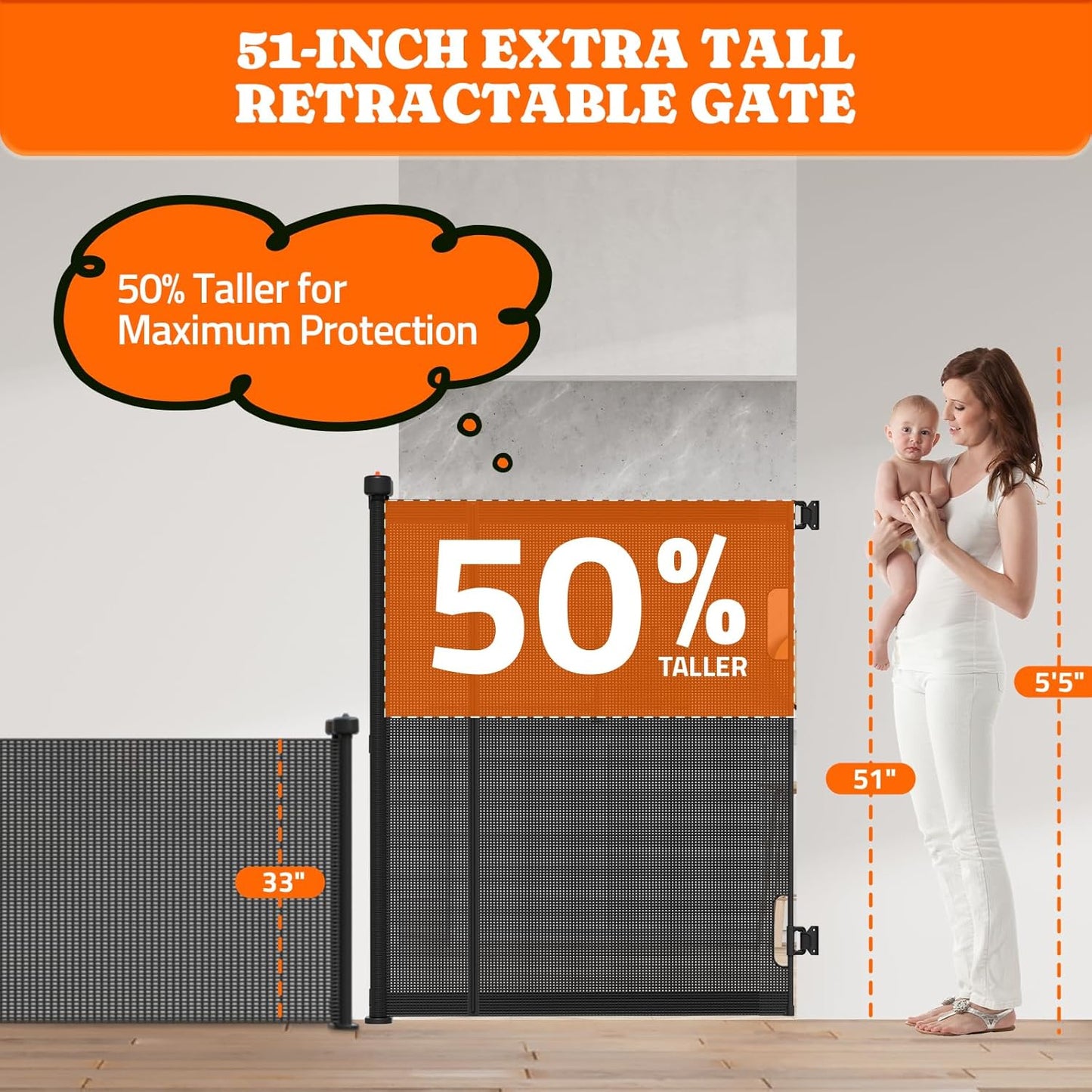 Extra Tall Retractable Baby Gates: 51" High Pet Gate, Extend up to 71" Wide, Mesh Baby Gate with Support Rods Jump-Proof Design for Cats & Large Dogs Tall Dog Cat Gate Indoor Outdoor, Black